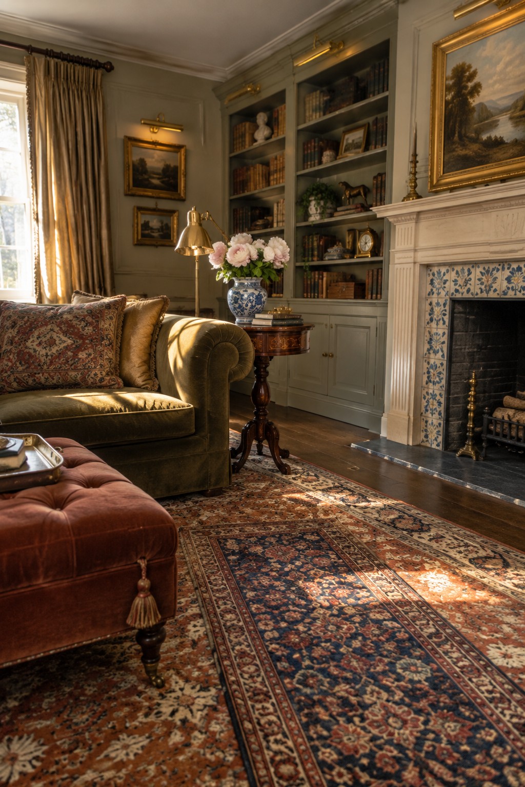 A traditional living room with a large patterned area rug, green velvet sofa, red tufted ottoman, built-in bookshelves, and a white fireplace mantel.