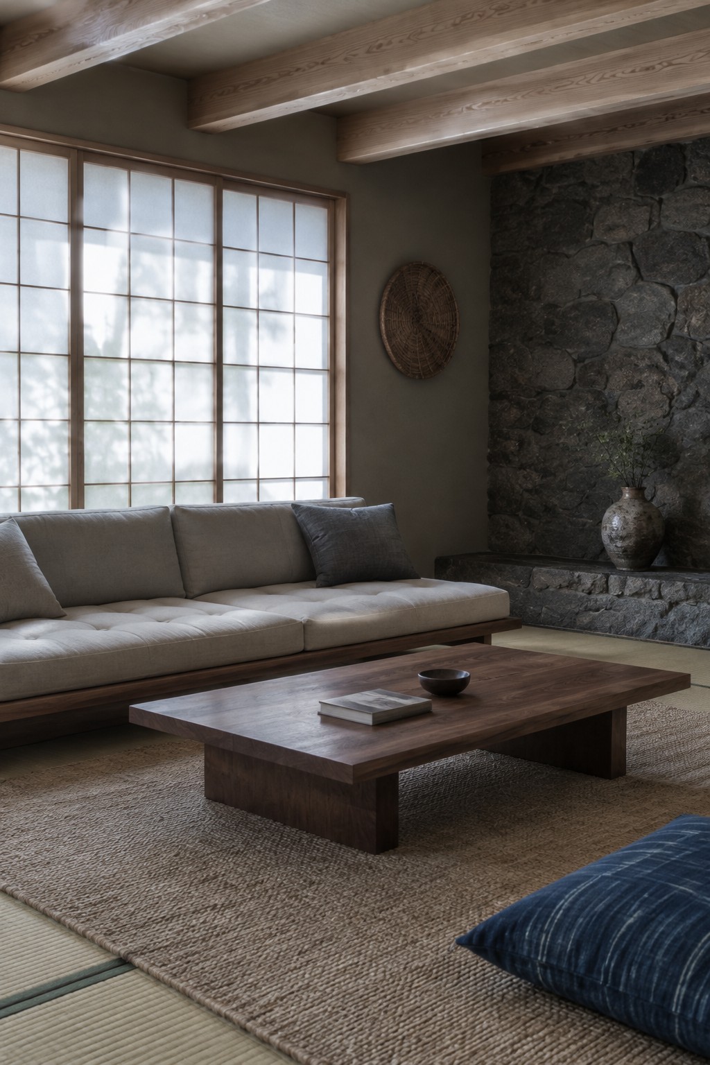A minimalist living room featuring a low gray sofa on a wooden platform, a dark wood coffee table on a large woven rug over tatami mats, shoji screens on the left, and a stone wall with a ceramic vase on the right.