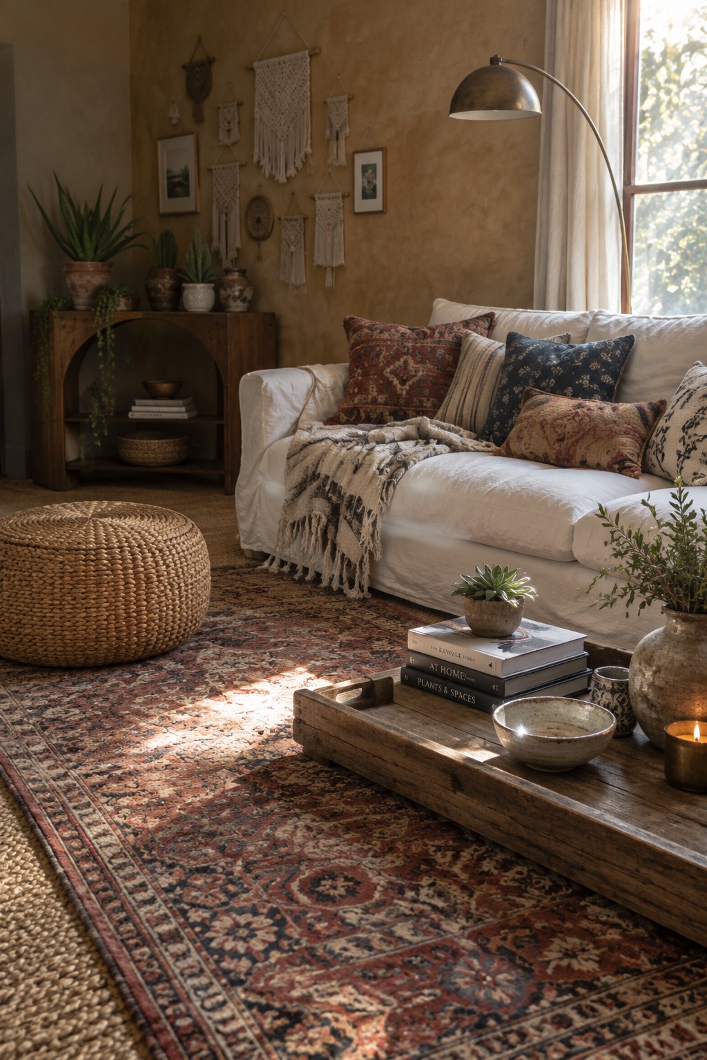 A living room with a white sofa covered in patterned pillows and a fringed throw, a large ornate rug on the floor, a woven pouf, and a wooden tray table holding books and small plants.