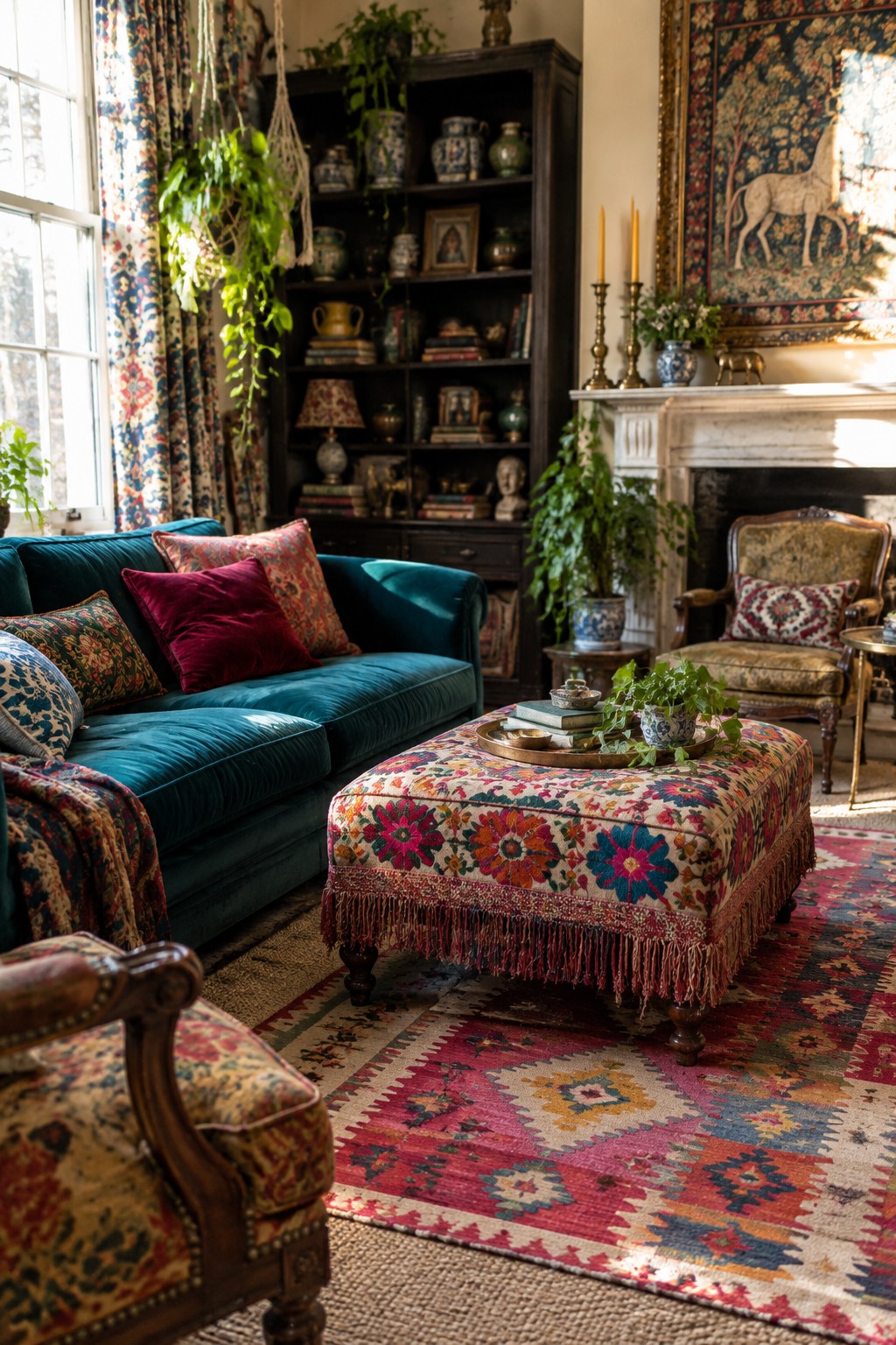 Cozy living room with teal sofa, floral ottoman, vibrant rug, and fireplace