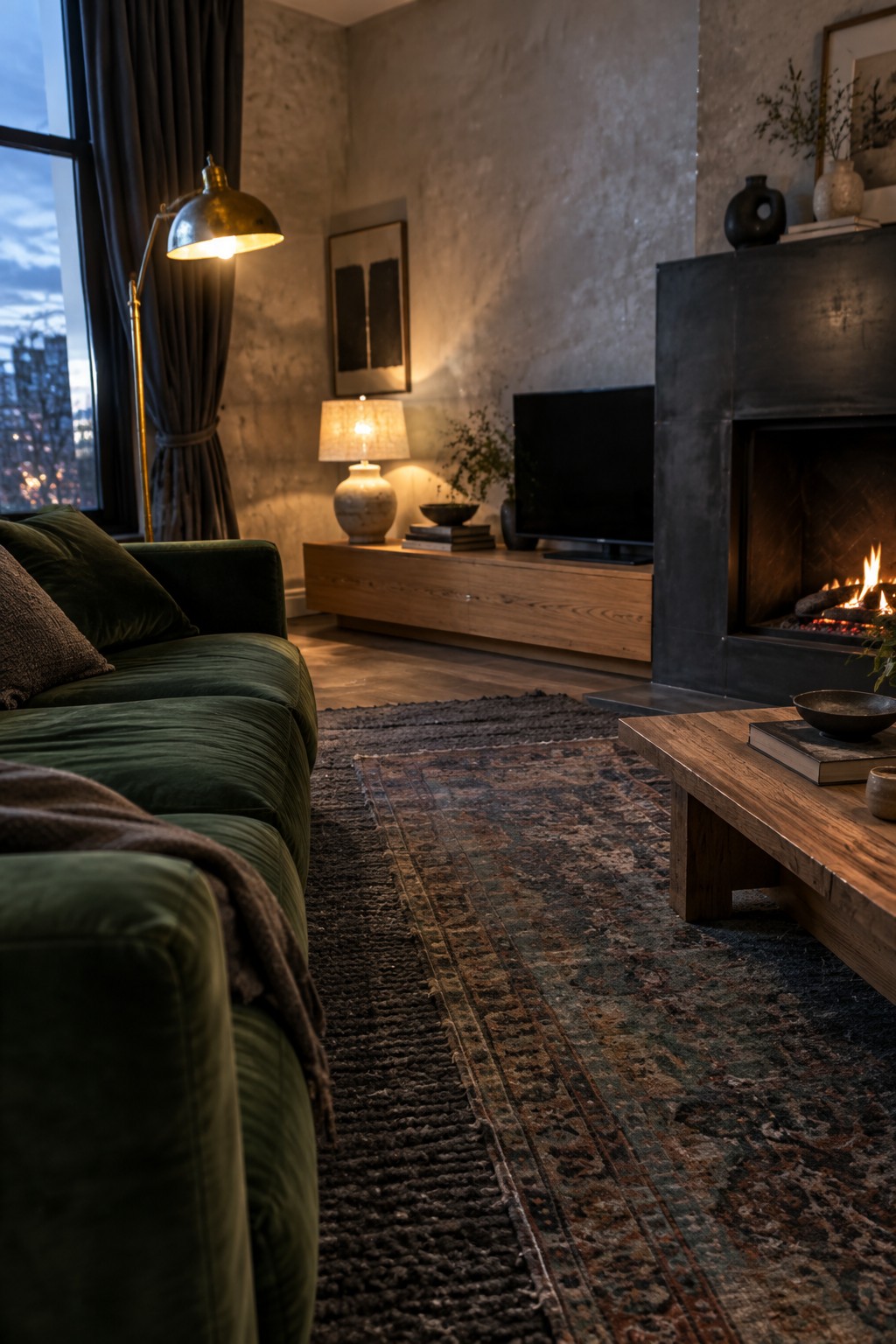 A living room with a green velvet sofa on the left, a layered patterned rug over a textured base on wood flooring, a lit fireplace on the right, and a wooden coffee table in the foreground.