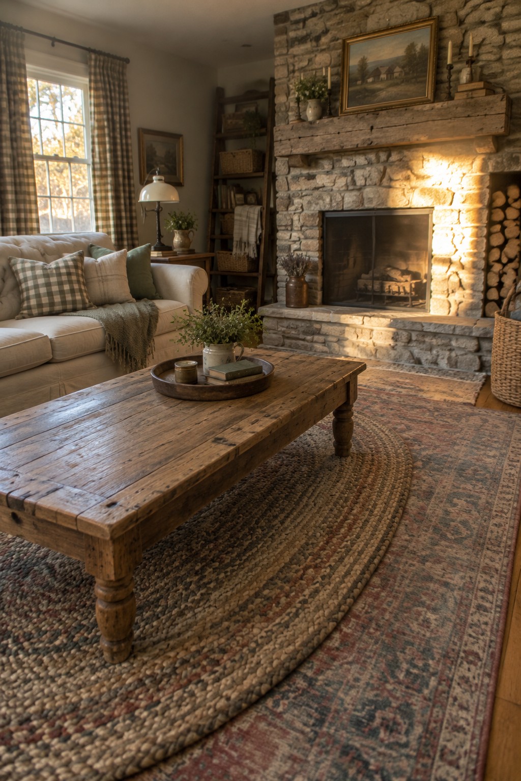 A living room featuring a white sofa, wooden coffee table on layered rugs, and a large stone fireplace with a lit fire.