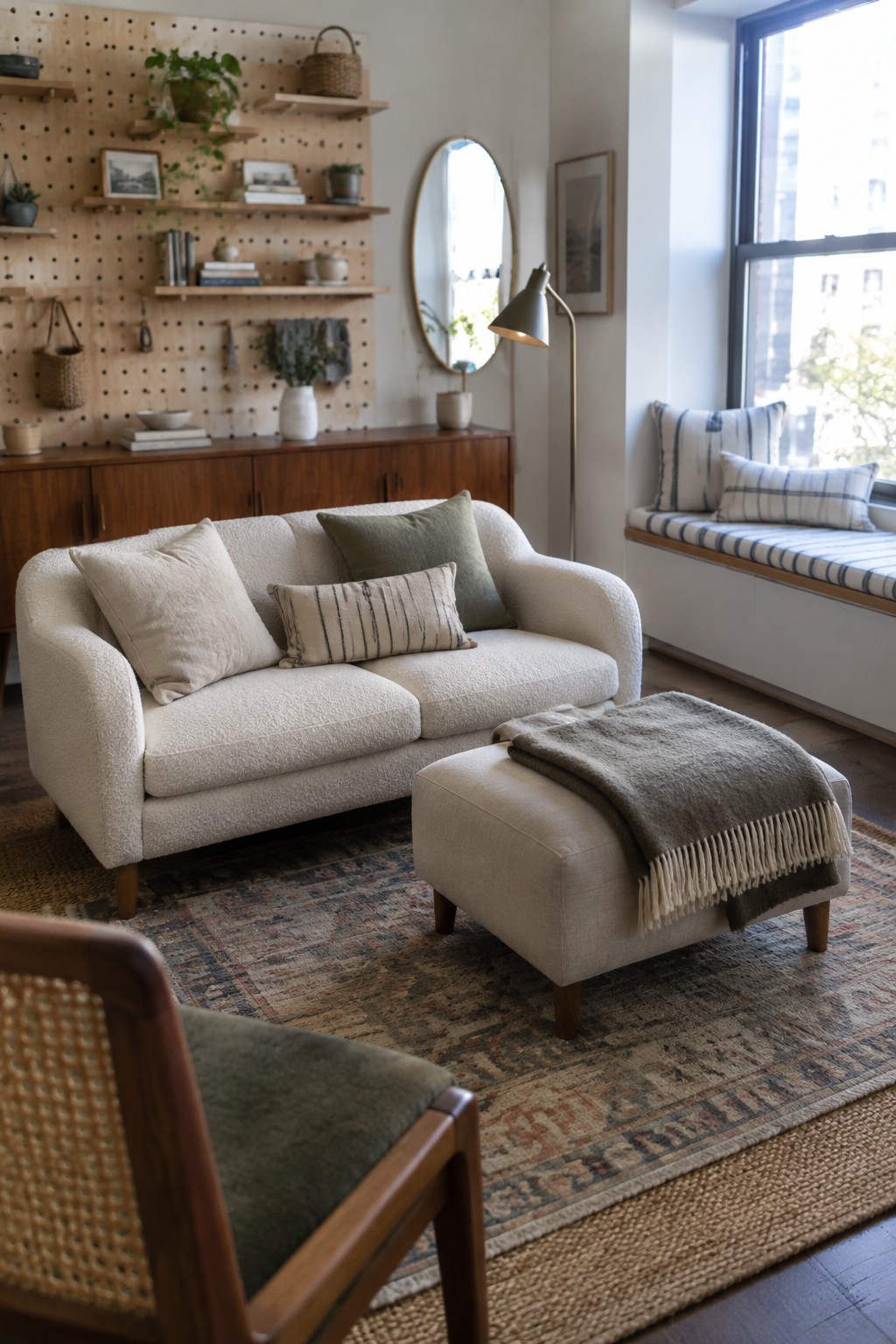 Cozy living room with white bouclé sofa, fringed ottoman, patterned rug, and pegboard wall.
