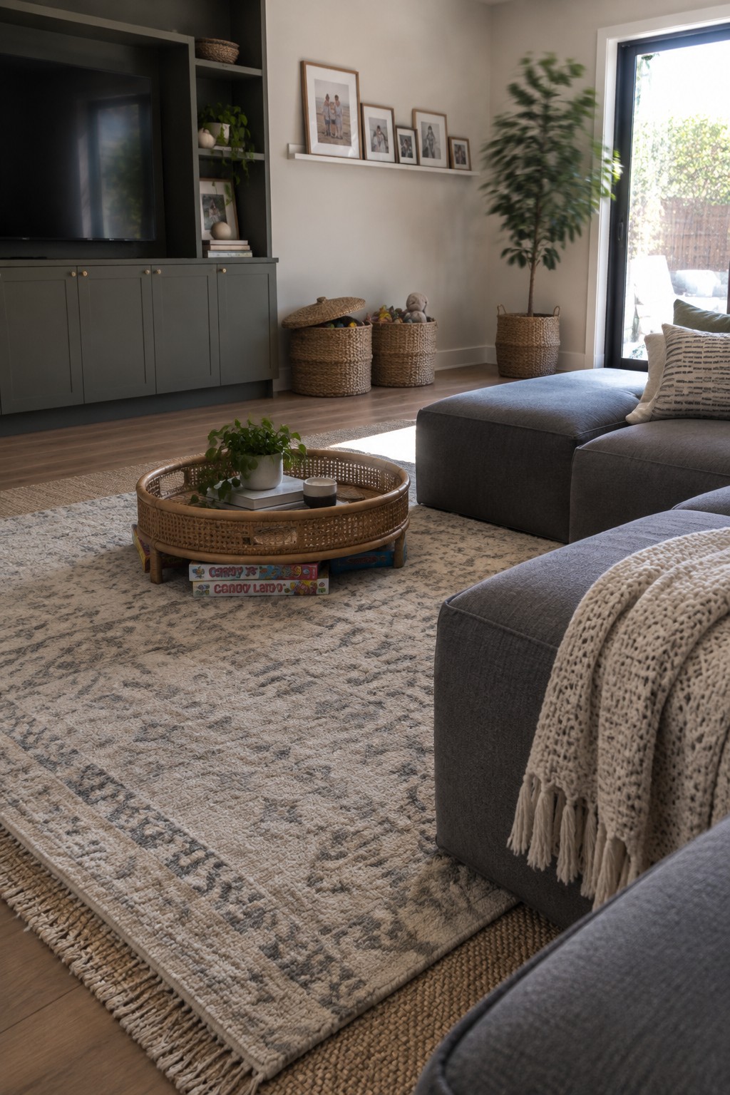 Living room with gray sectional sofa on layered area rugs over wood flooring, round rattan tray table, and built-in media unit.
