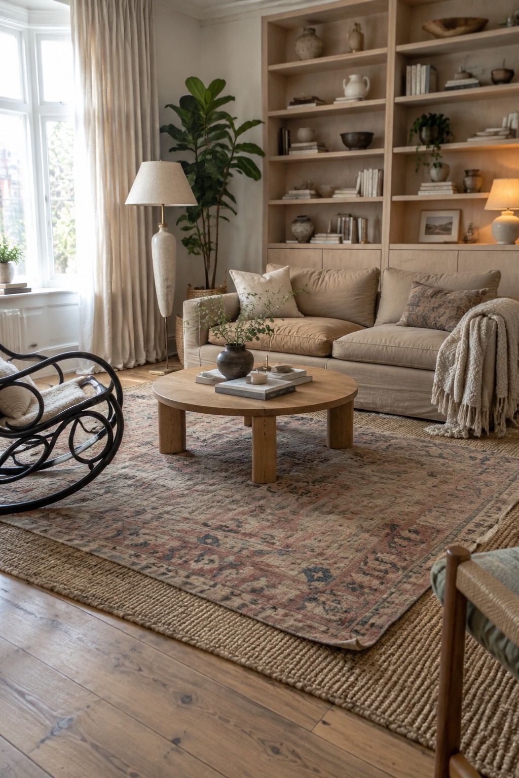 Cozy neutral living room with beige sofa, round wooden table, and patterned rug