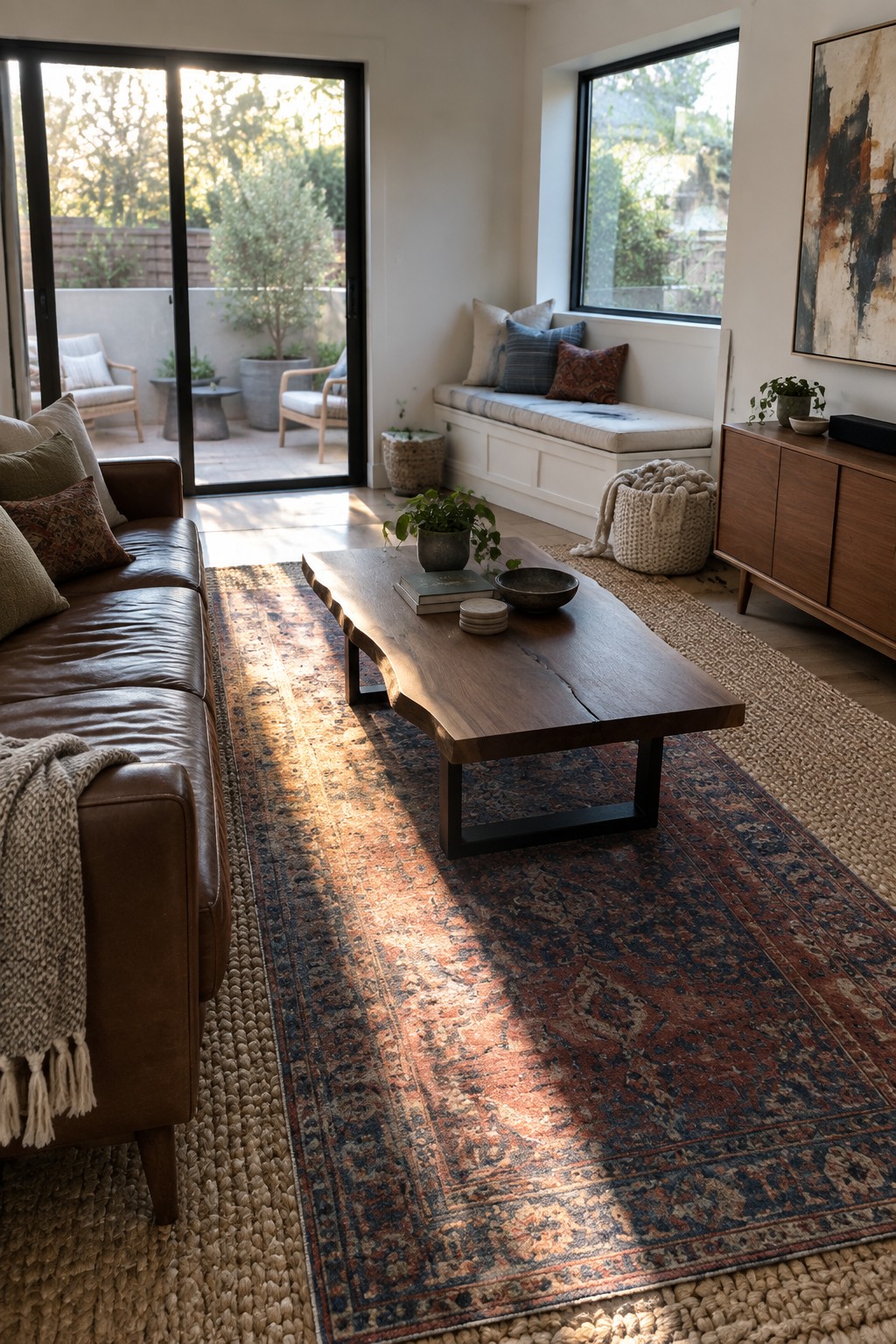 Bright living room with brown leather sofa, live-edge table, and patterned rug near patio doors