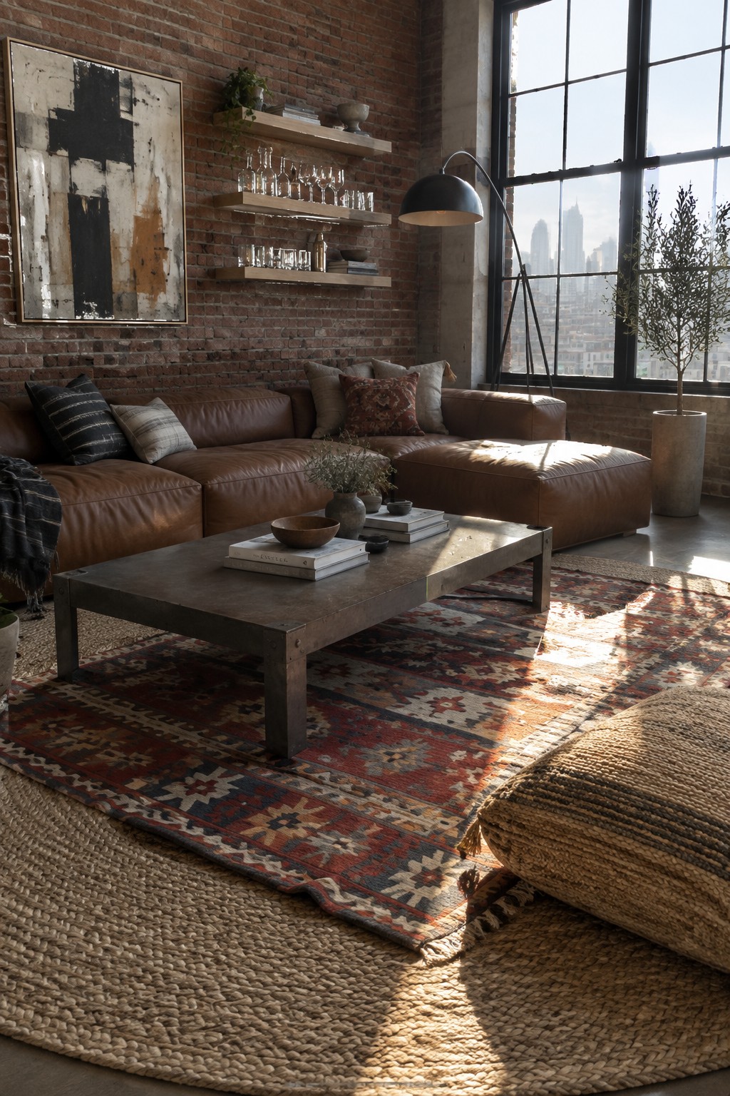A living room featuring a brown leather sectional sofa, metal coffee table on layered rugs with a large woven jute rug underneath a colorful patterned rug, brick walls, floating shelves, and a large window with city views.