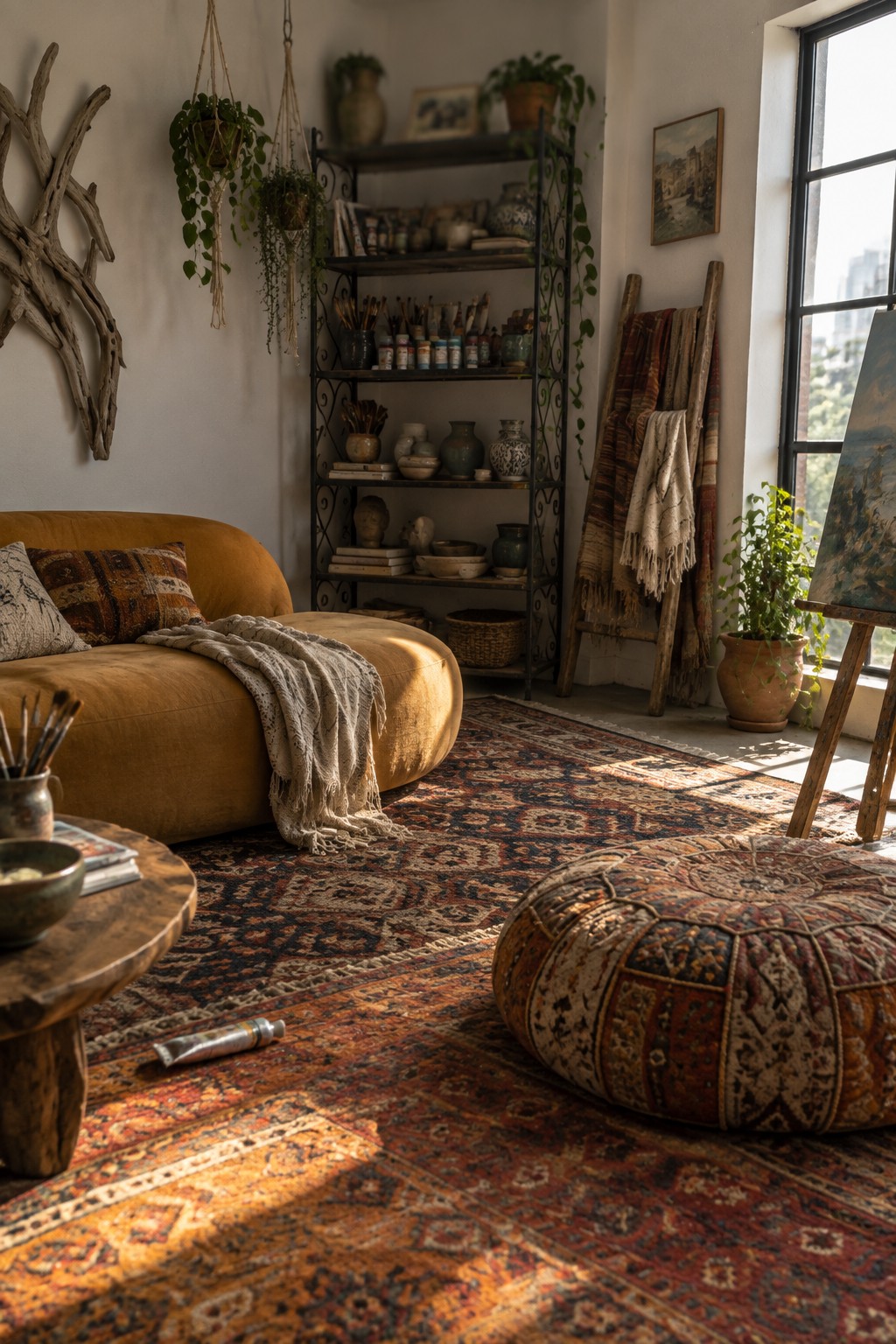 A living room interior showing a mustard sofa, large patterned rug, round patterned pouf, wooden coffee table, and black metal shelves filled with art supplies and plants.