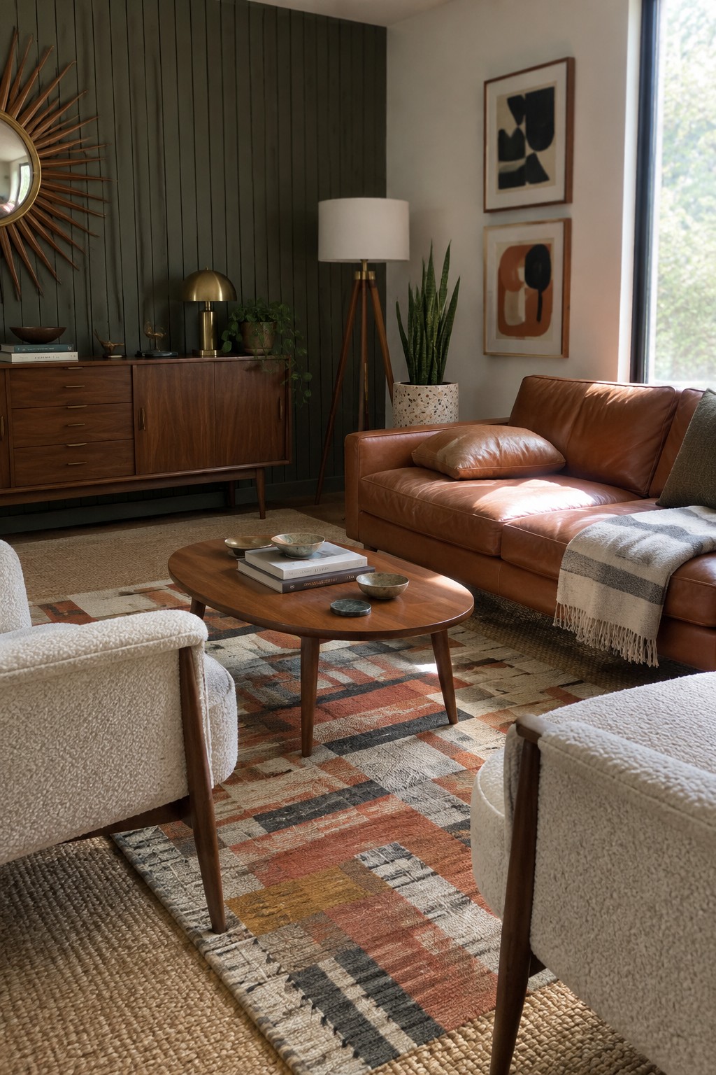 A living room interior featuring a brown leather sofa, wooden coffee table, white boucle armchairs, layered rugs with a colorful geometric pattern over a neutral jute base, and dark green paneled walls.