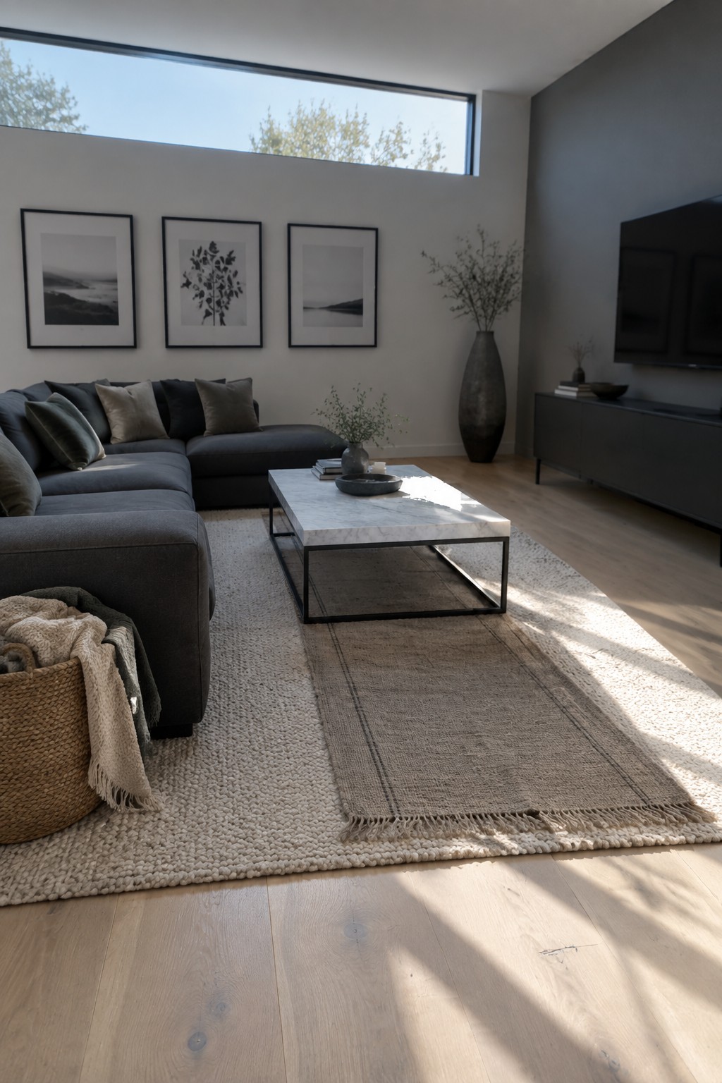 A living room with a gray sectional sofa, marble coffee table on two layered rugs, three framed artworks on the wall, and a large window above.