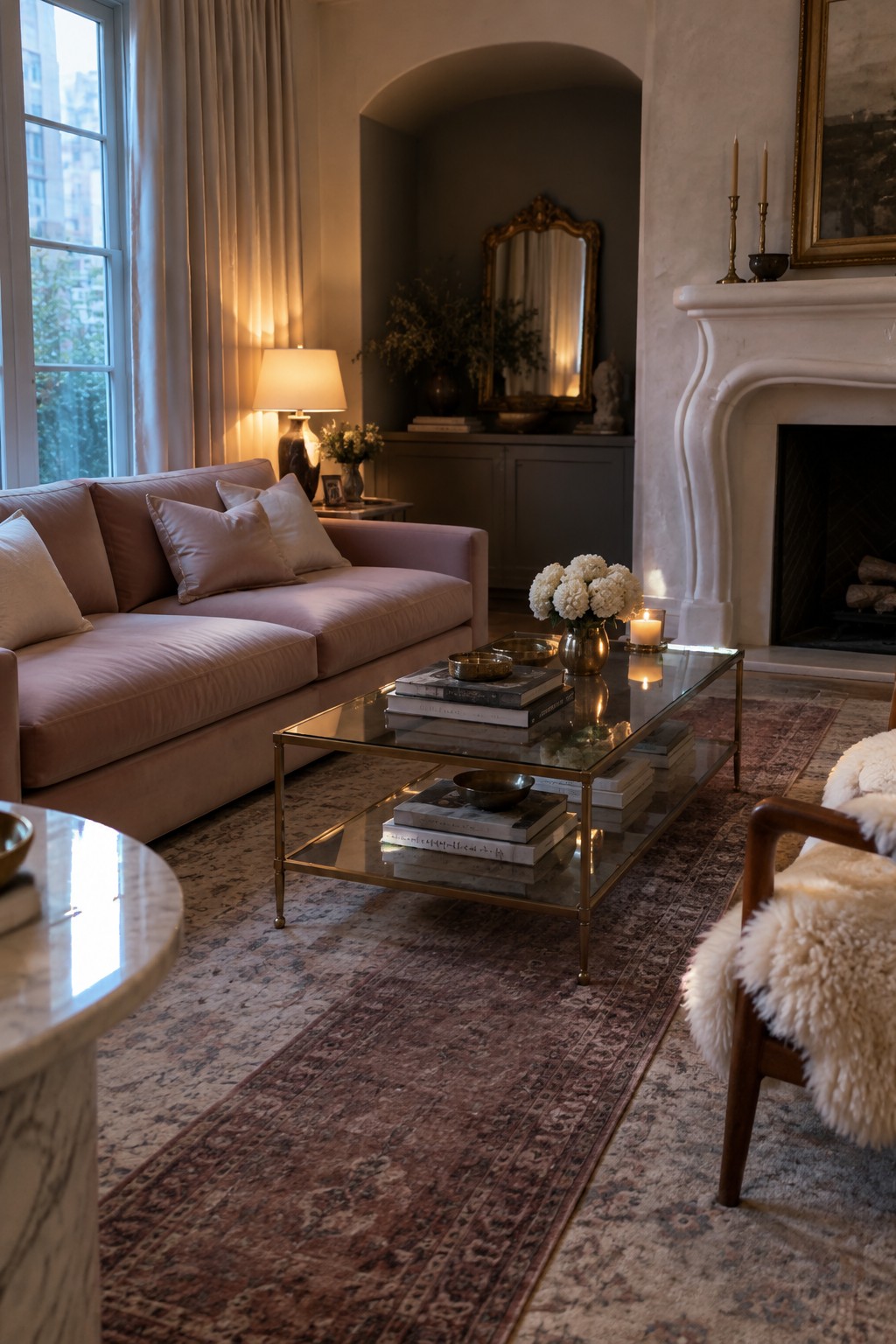 A living room with a dusty pink velvet sofa, a glass coffee table on a large patterned rug, and a white marble fireplace mantel.