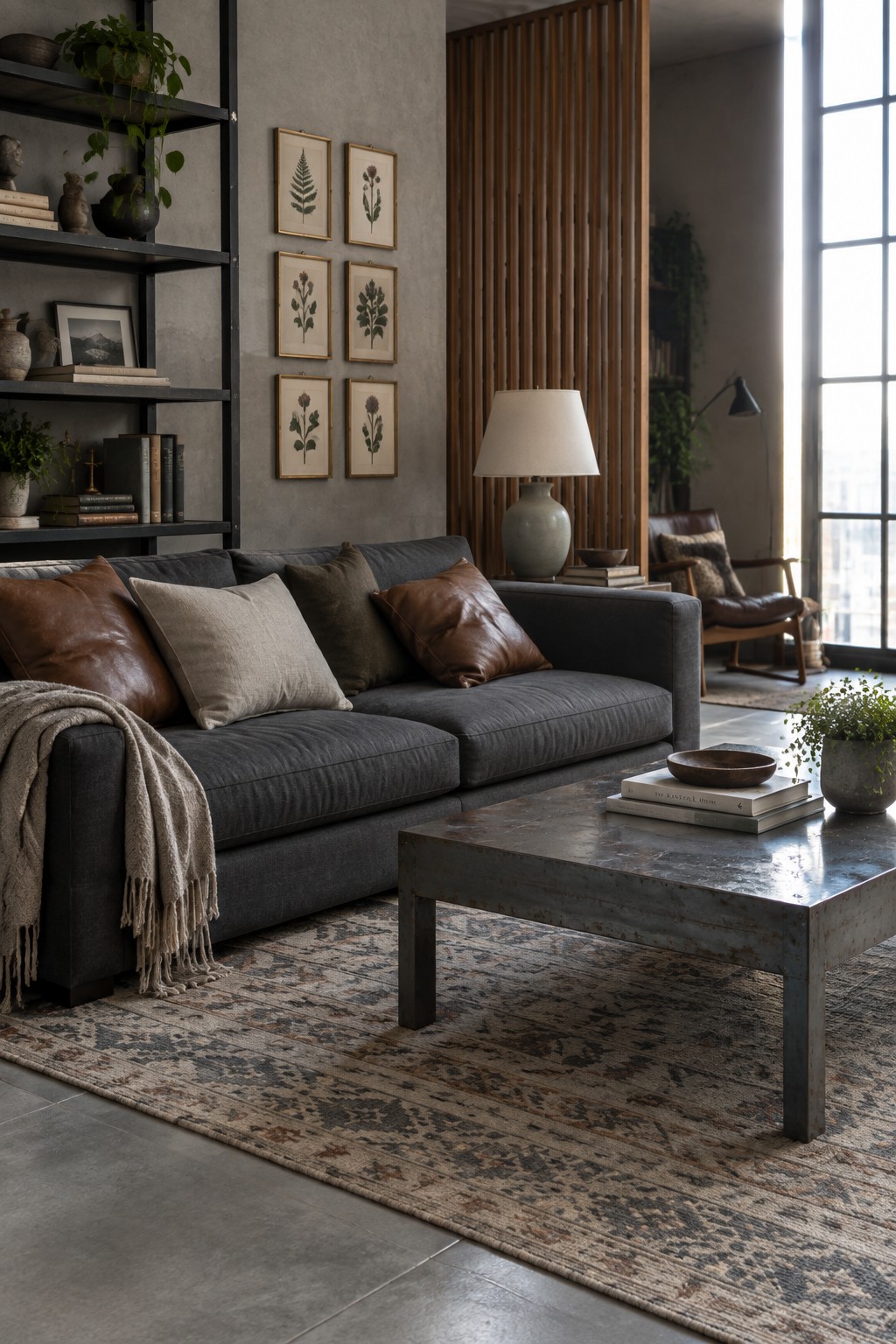 A living room scene showing a gray sofa with mixed leather and fabric pillows, a fringed throw, a metal coffee table on a large patterned rug, and a wooden slatted screen in the background.