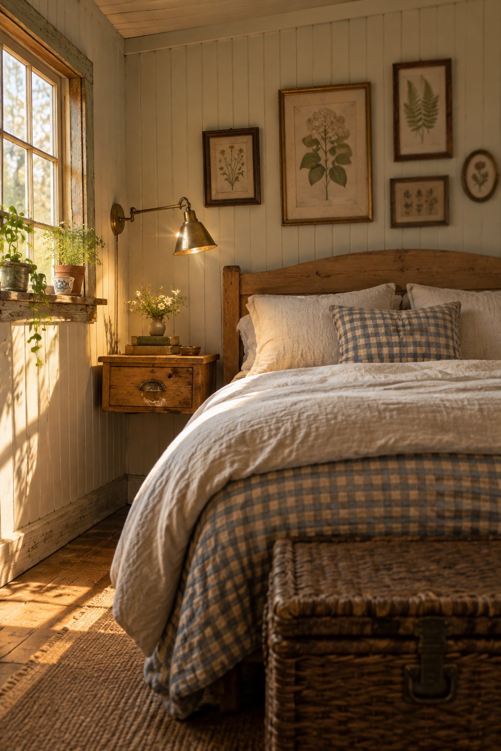 Cozy sunlit bedroom with wooden bed, checkered linens, wall lamp, and botanical prints.