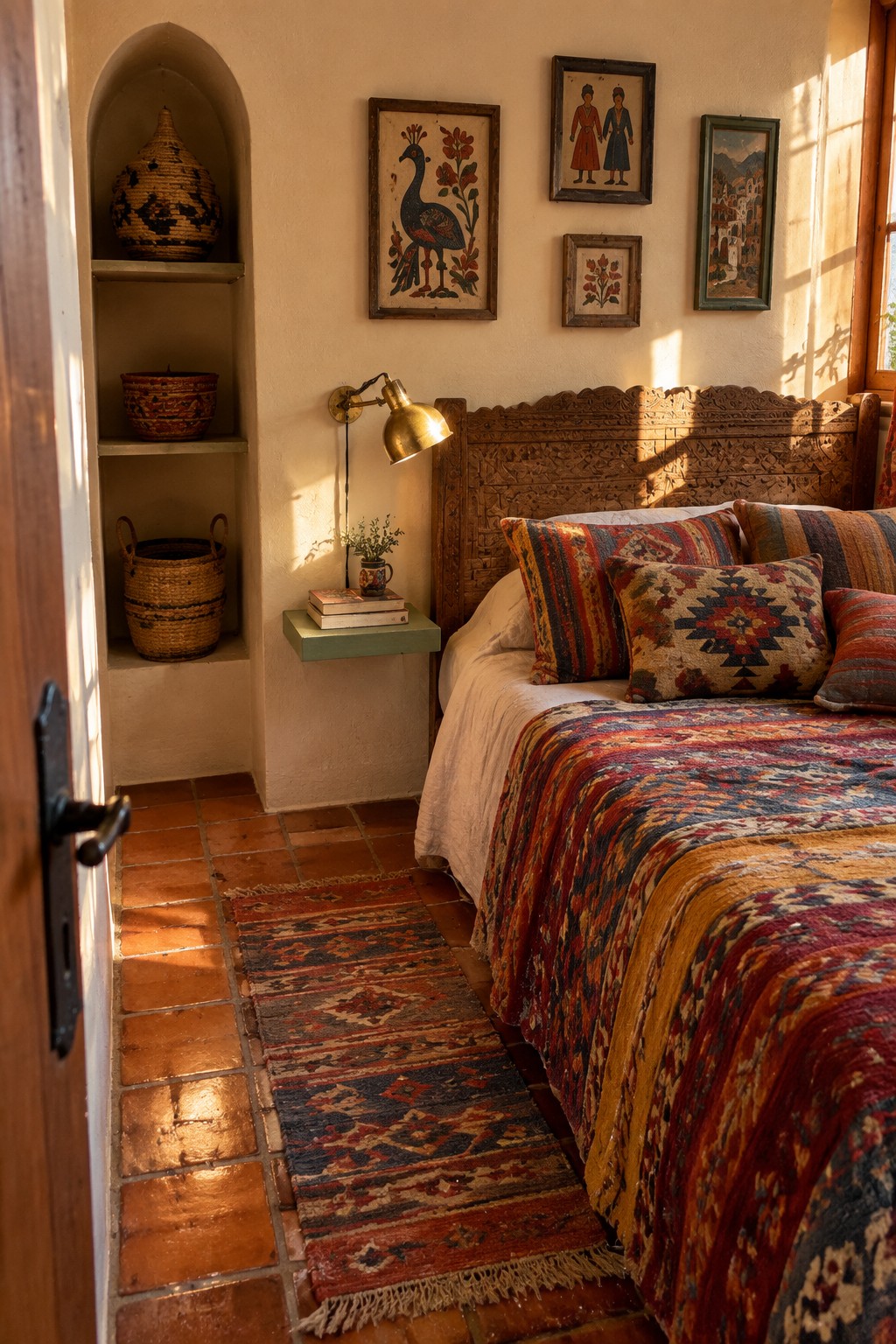 A bedroom interior showing a bed with a carved wooden headboard and a small green floating shelf mounted on the wall beside it, holding books and a small plant with a brass wall lamp above.