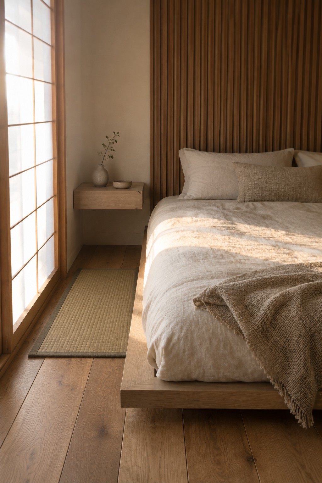 Minimalist Japanese bedroom with low wooden bed, floating shelf, shoji window, and tatami mat in sunlight.