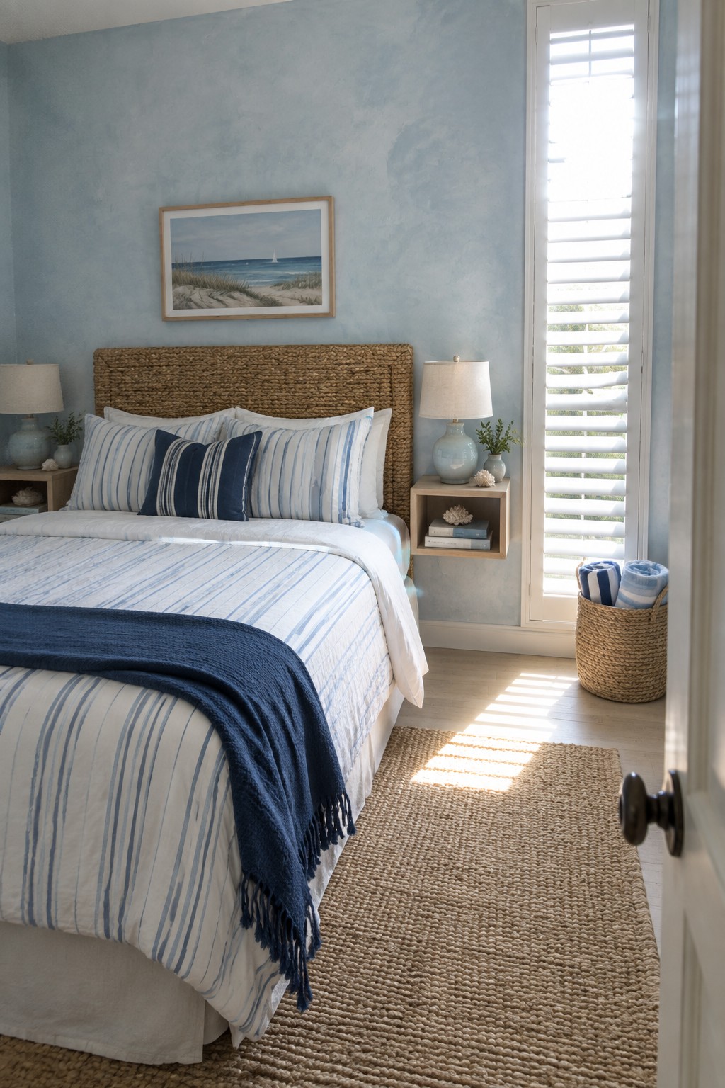A bedroom with a woven headboard bed dressed in blue and white striped bedding, flanked by small floating wooden nightstands on either side.