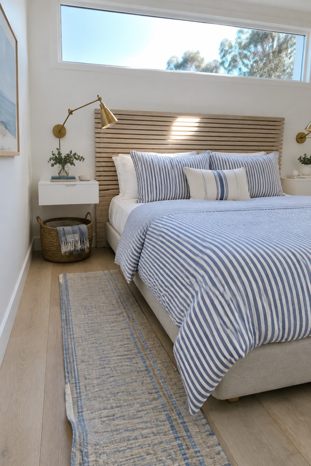 Bright bedroom with blue striped bedding, wooden headboard, brass lamps, and rug