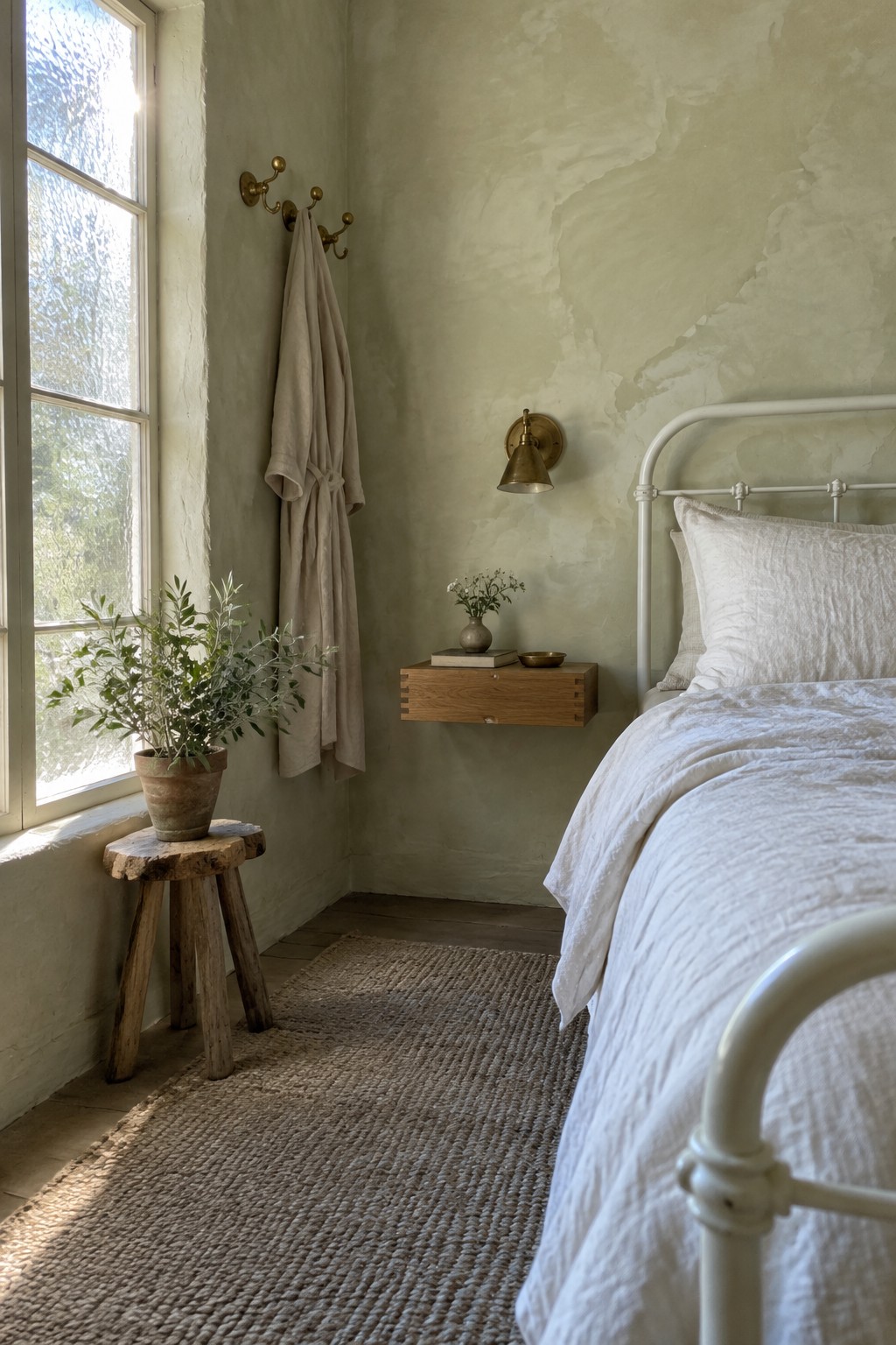 A bedroom interior with a white metal bed, white bedding, a wooden wall-mounted nightstand with drawer, and a brass wall sconce above it.