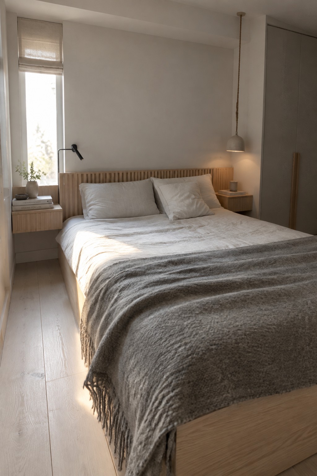 A bedroom with a wooden bed, white bedding, gray throw, and two wall-mounted wooden nightstands holding books and a small plant.