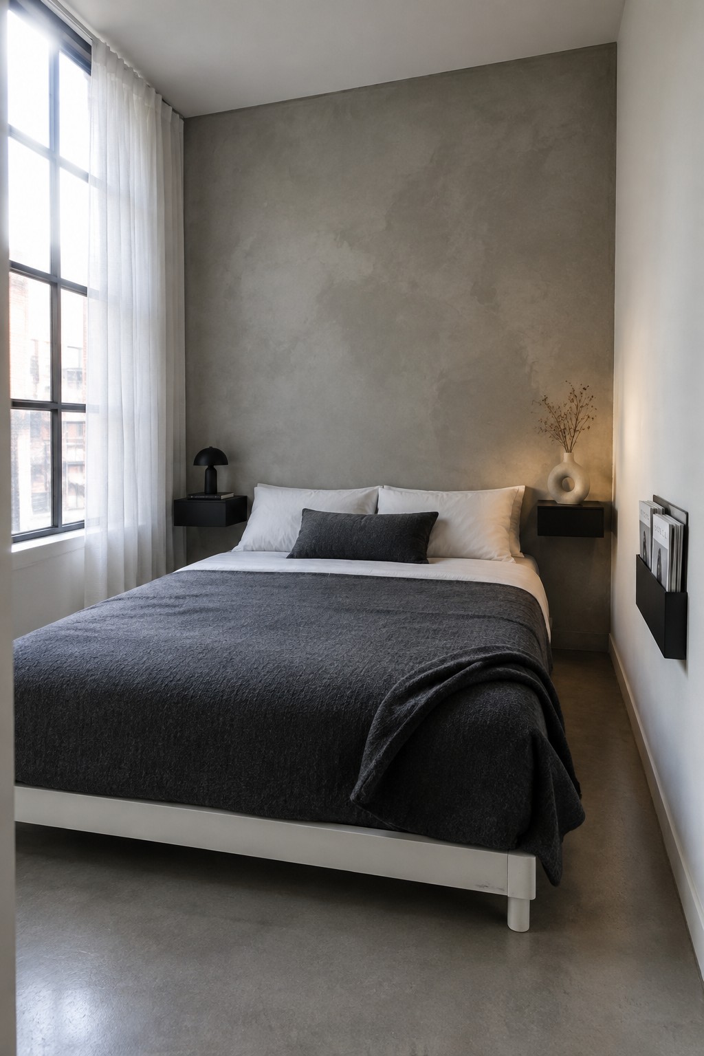 A small bedroom with a white bed frame, dark gray bedding, white pillows, and black wall-mounted nightstands on both sides of the bed against a gray concrete wall.