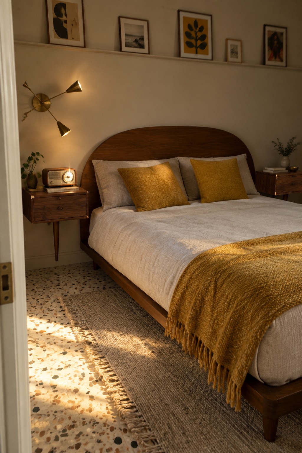 A bedroom featuring a wooden bed with white linens and mustard yellow pillows, flanked by wall-mounted wooden nightstands, with framed artwork on the wall above and a terrazzo floor visible beside a woven rug.
