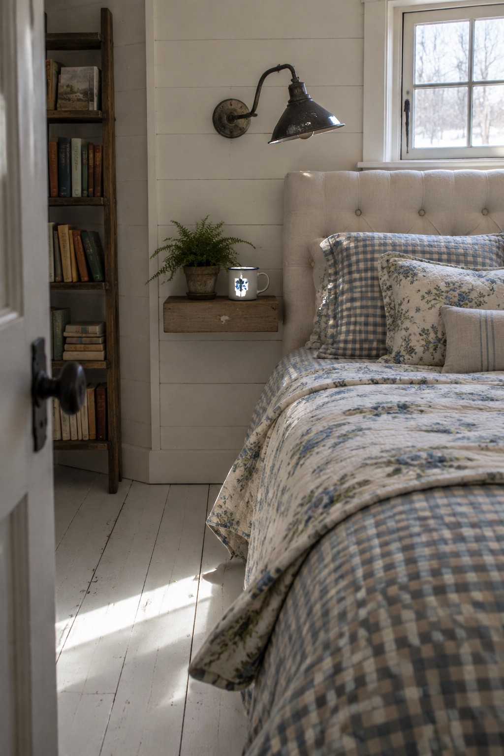 A bedroom interior showing a bed with patterned bedding next to a wall-mounted wooden shelf holding a small plant and white mug, with a black wall lamp above.