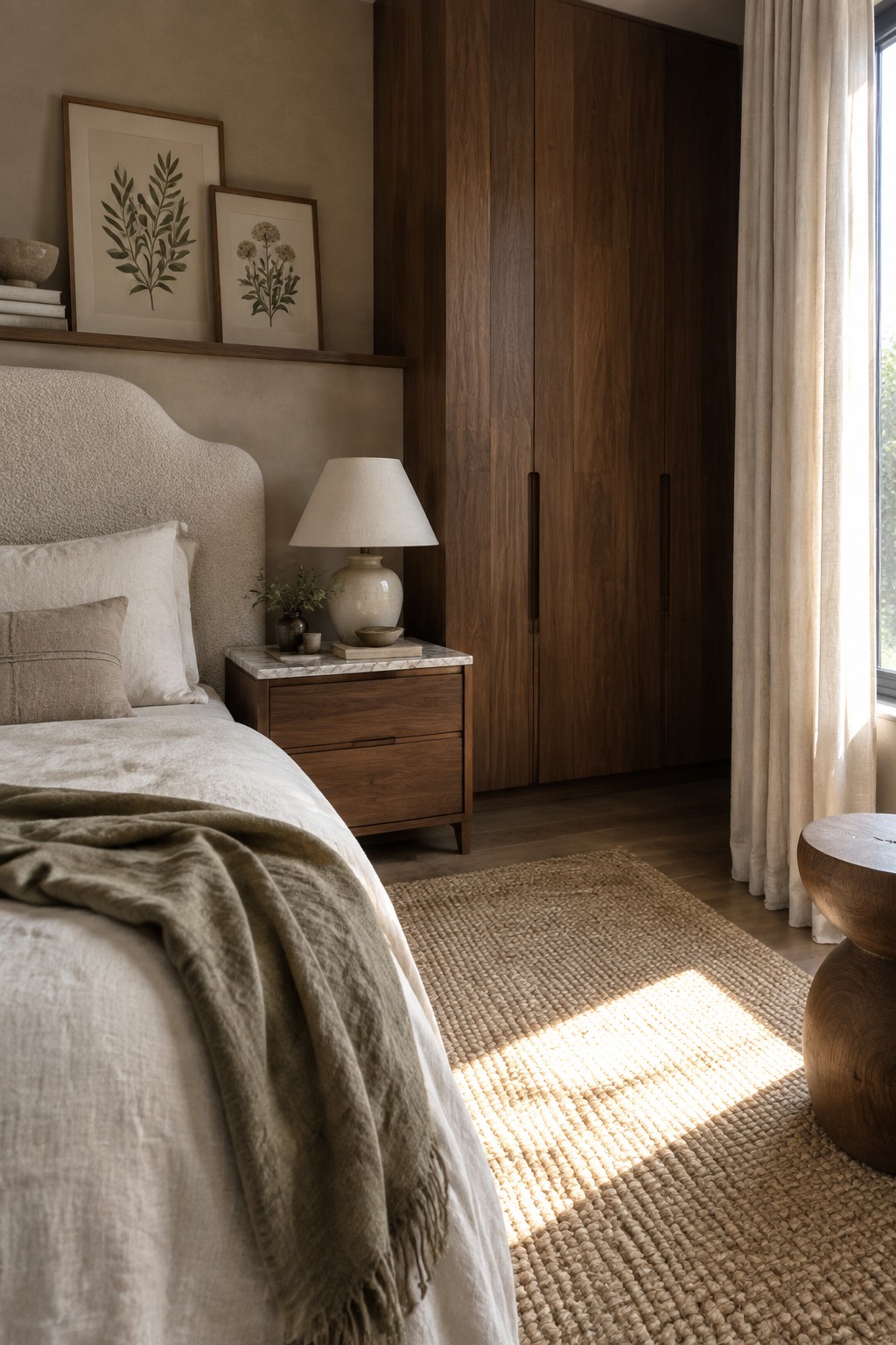 A bedroom featuring a textured upholstered headboard, white bedding, a wooden nightstand with marble top, a tall dark wood wardrobe, botanical art on a shelf, and a woven jute rug with sunlight casting across it.
