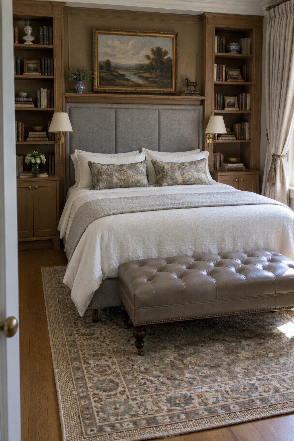 Elegant bedroom with white linens, gray headboard, brown leather bench, and bookshelves.