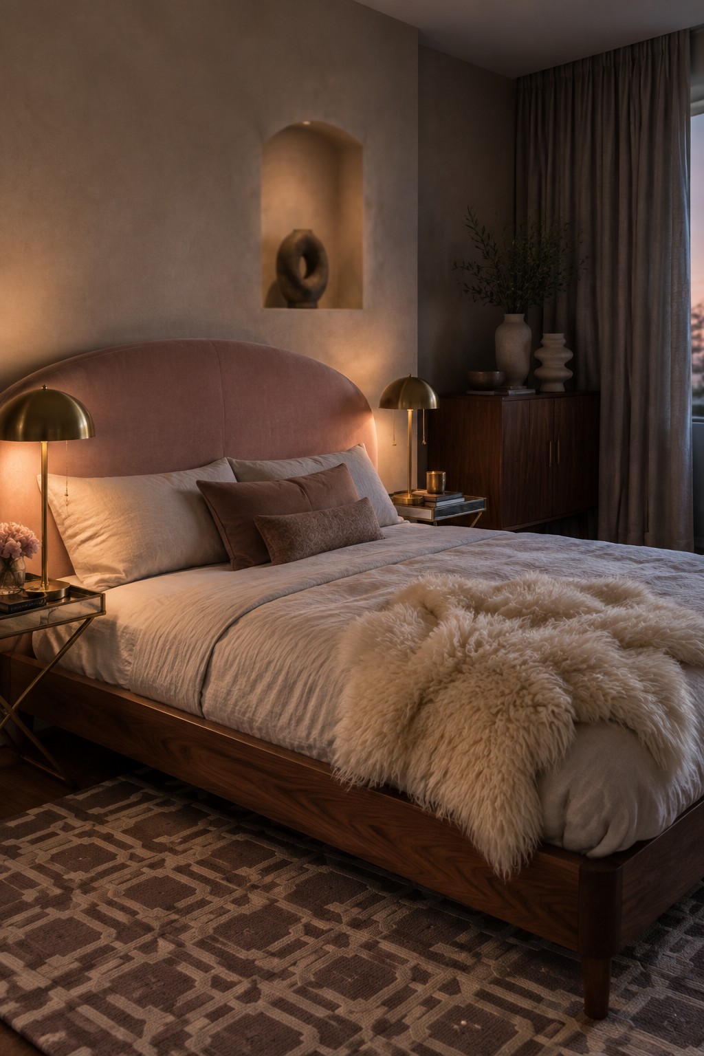 A bedroom with a large curved dusty rose upholstered headboard on a dark wood bed frame, layered neutral bedding, a beige fur throw, brass lamps, and a wooden dresser against textured walls.