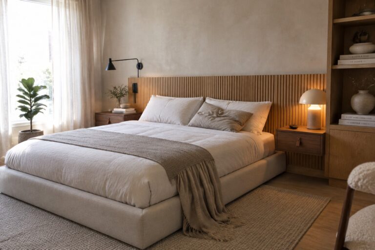 20 Quiet Luxury Bedroom Ideas Using Tailored Upholstery and Warm Wood A bedroom with a neutral upholstered bed, tall wooden slatted headboard, wooden nightstands, and built-in wooden shelves on a textured wall.