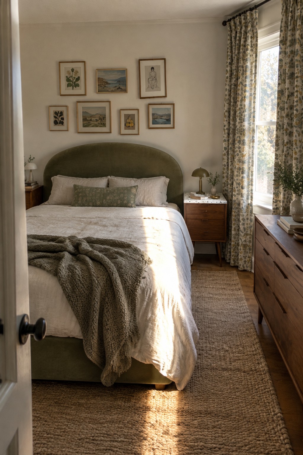 Sunlit bedroom with green velvet headboard, white linens, gallery wall, and jute rug.
