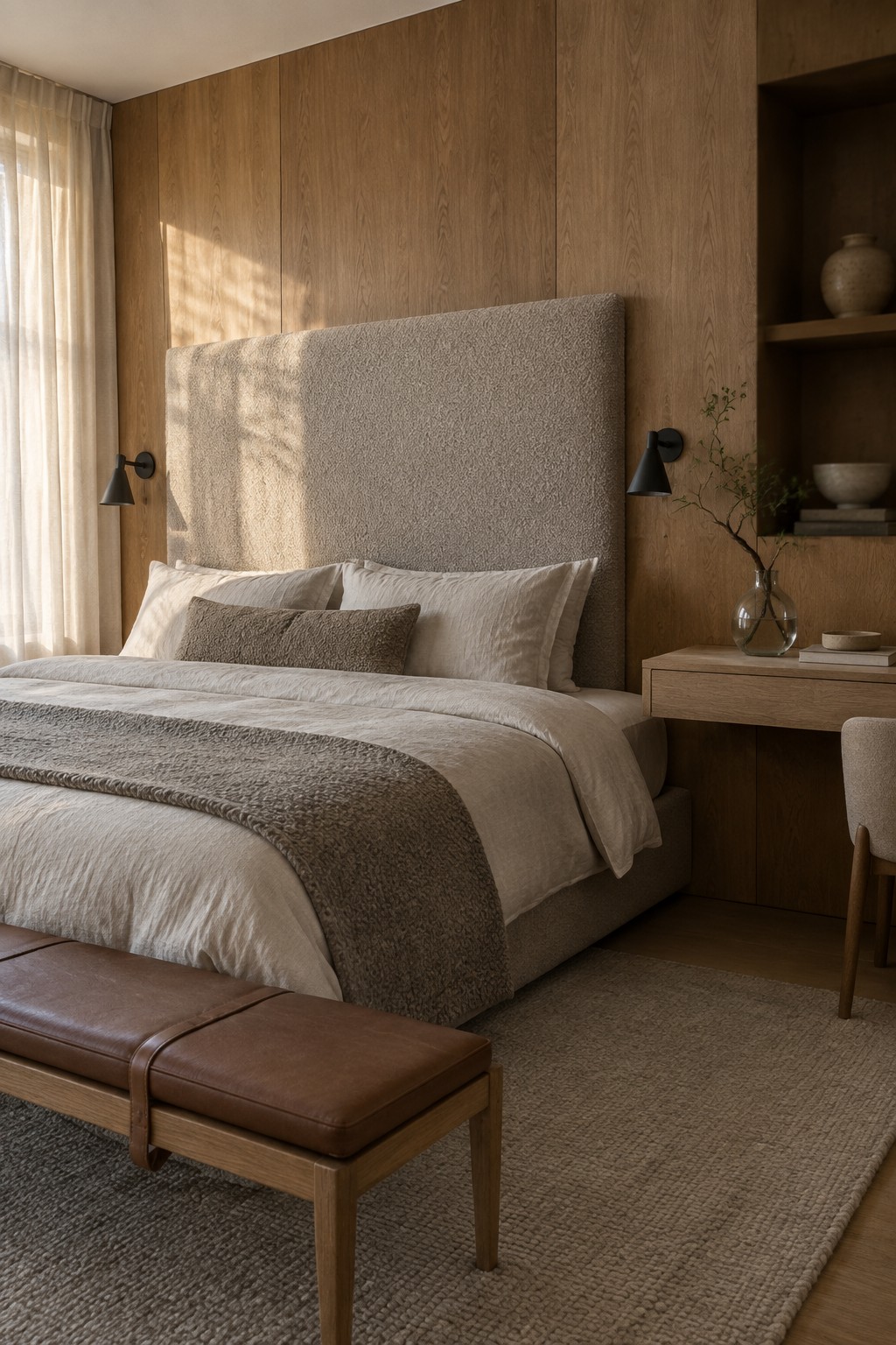 A bedroom featuring a large textured upholstered headboard on a bed with neutral bedding, positioned against vertical wood panel walls, with wood furniture and a brown leather bench visible.