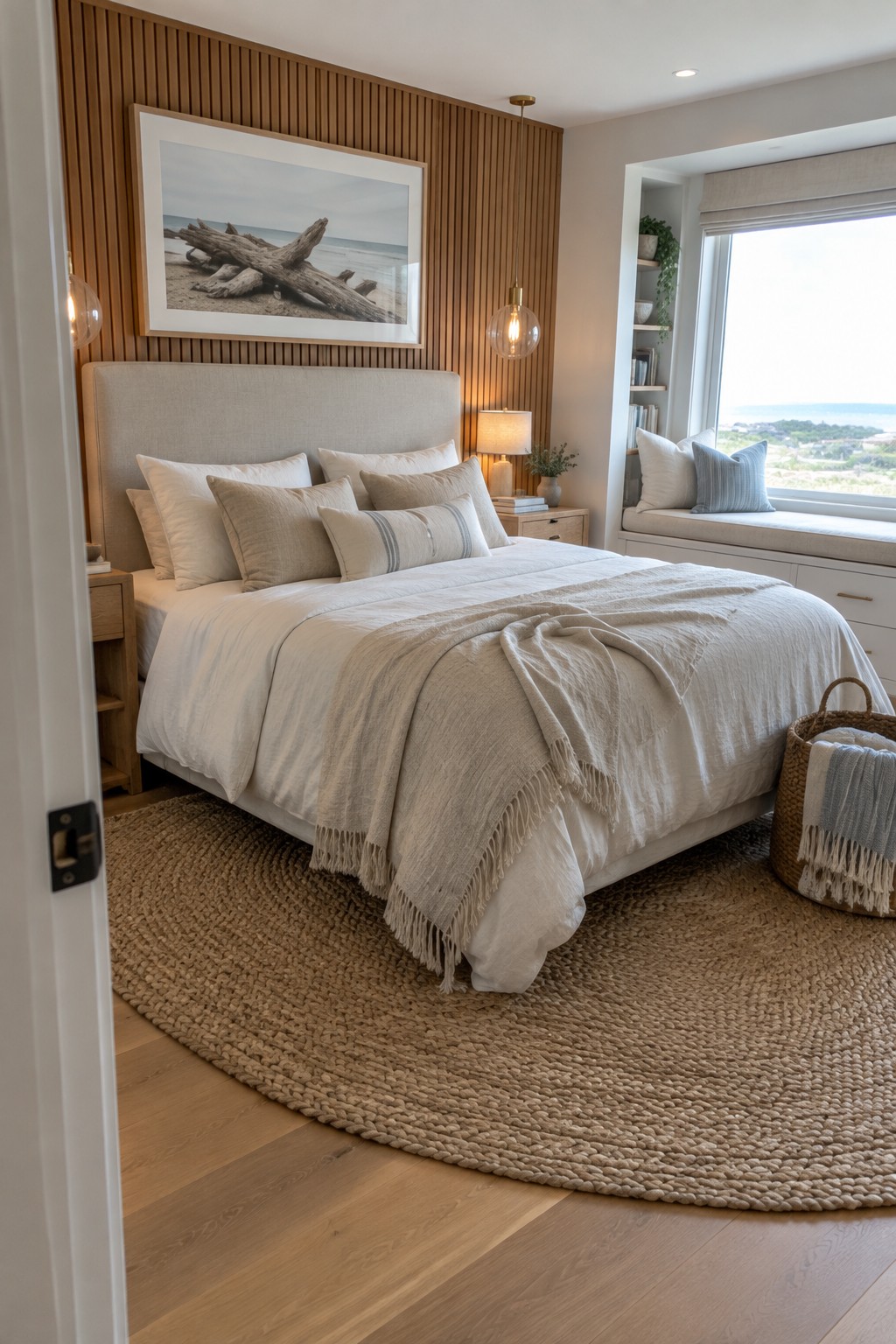 A bedroom featuring a bed with a light upholstered headboard and white and beige linens, set against a vertical wood slat accent wall, with a large round woven rug on light wood flooring.