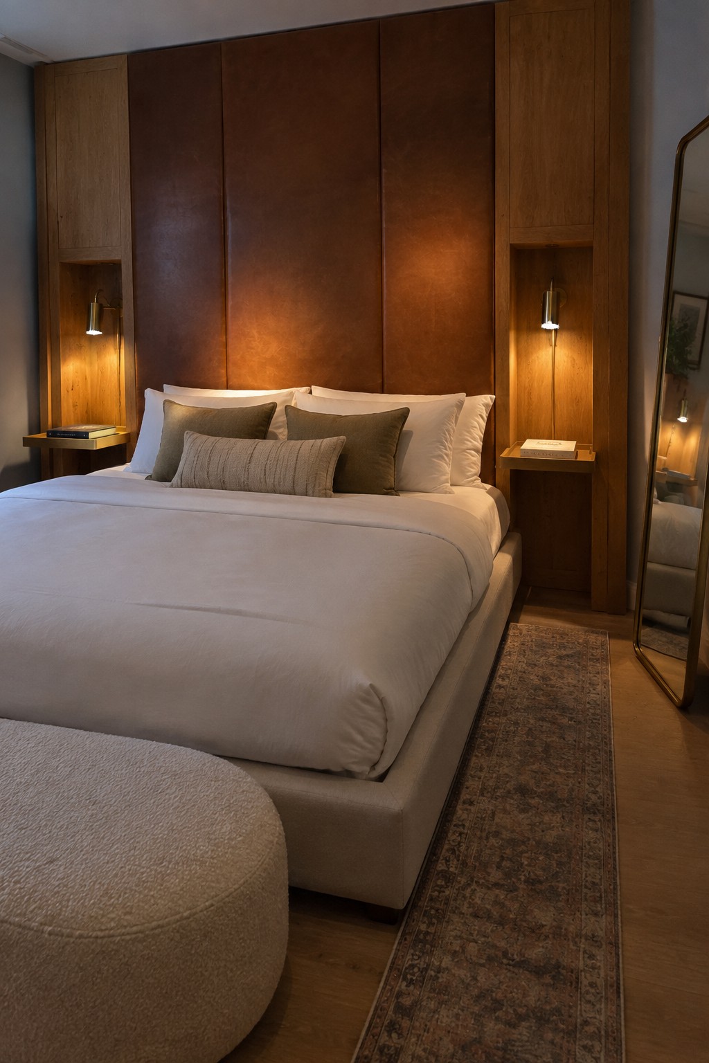 Modern bedroom with large white bed, brown leather headboard, wooden walls and patterned rug.