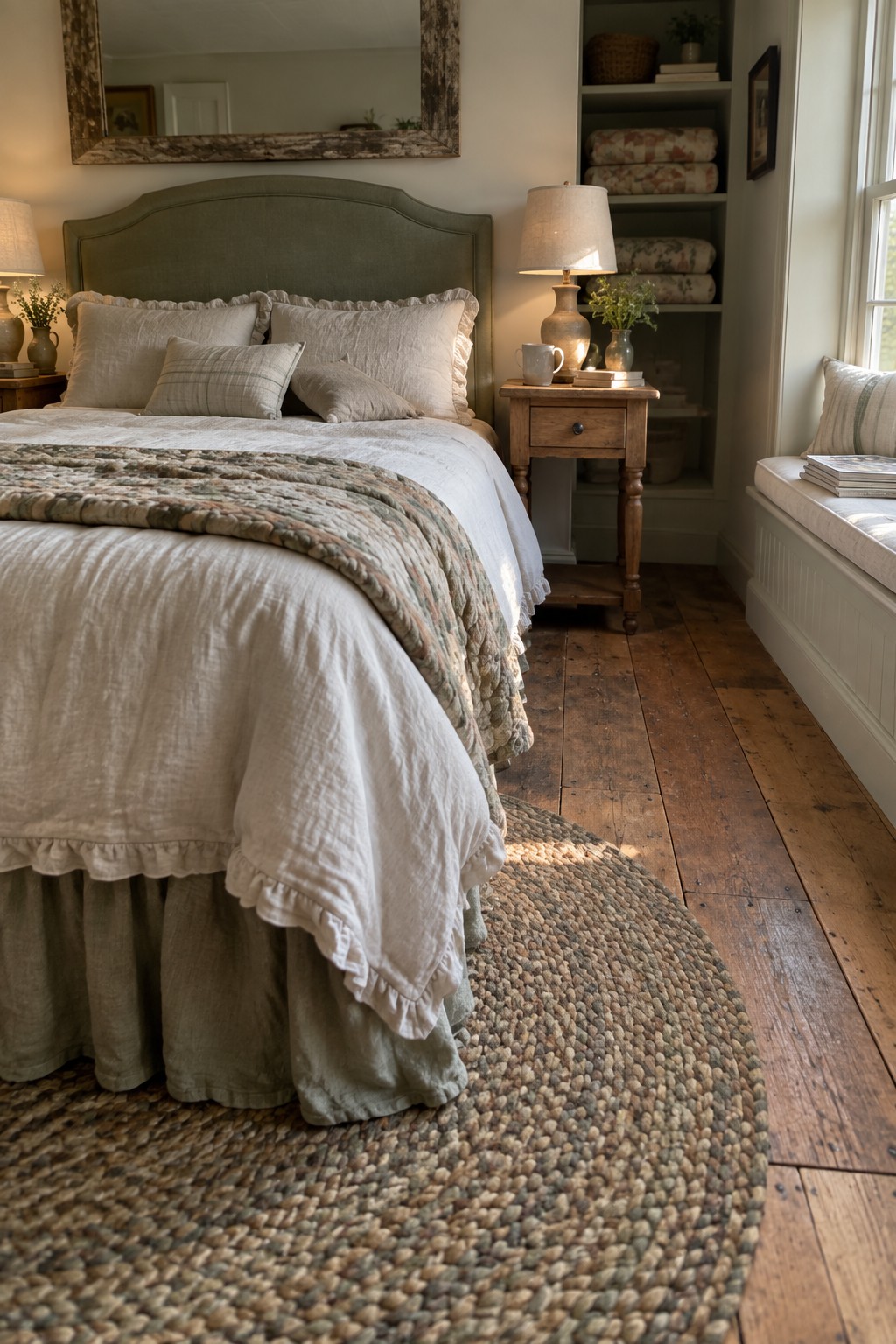 Cozy bedroom with sage green bed, white linens, round woven rug, wooden floors