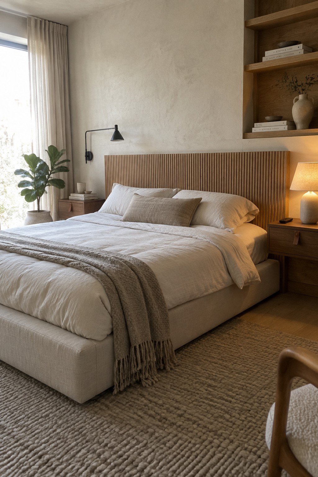 A bedroom with a neutral upholstered bed, tall wooden slatted headboard, wooden nightstands, and built-in wooden shelves on a textured wall.