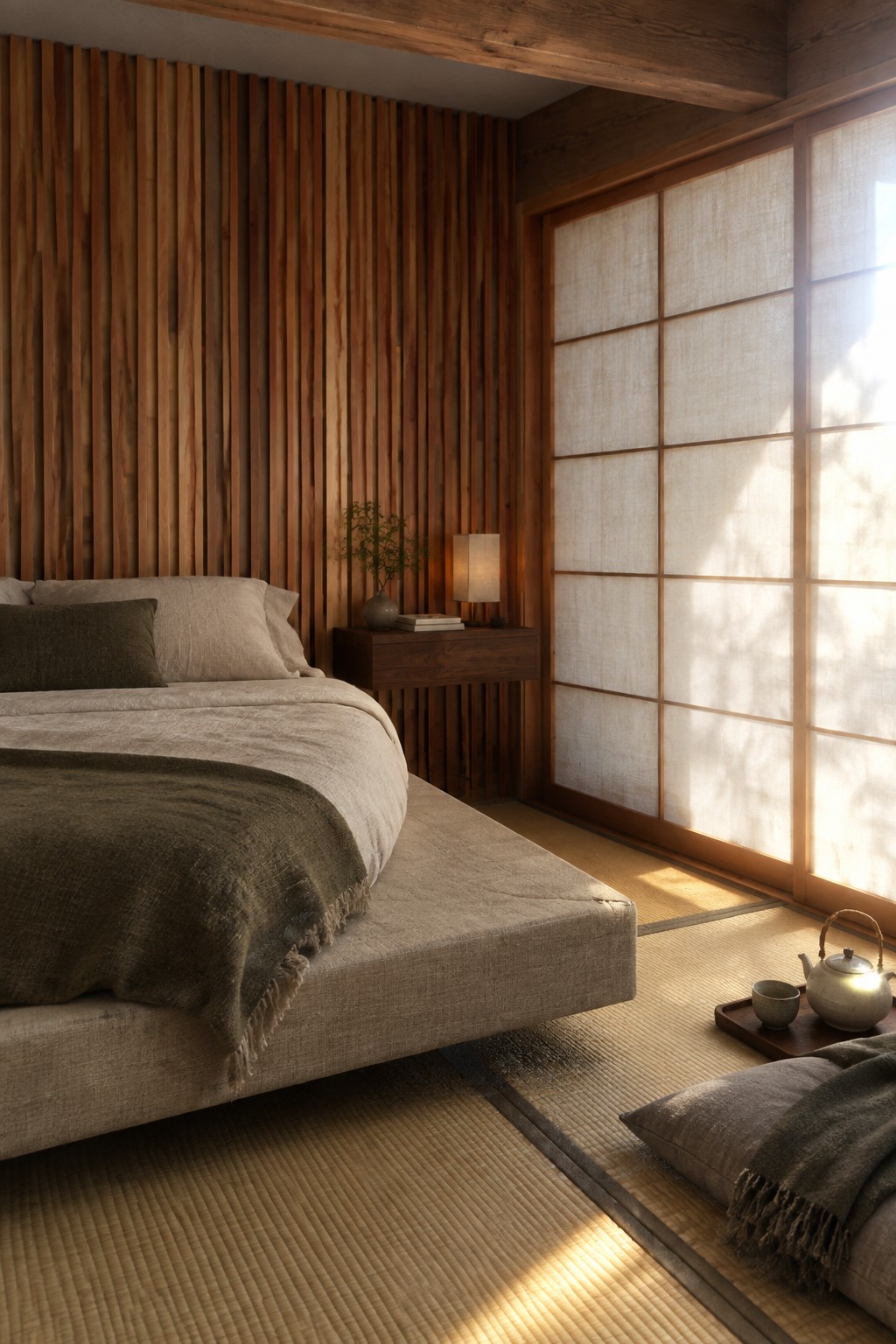 A low platform bed with beige linen bedding sits against a vertical wood paneled wall, with shoji screens on the right and tatami mats on the floor.