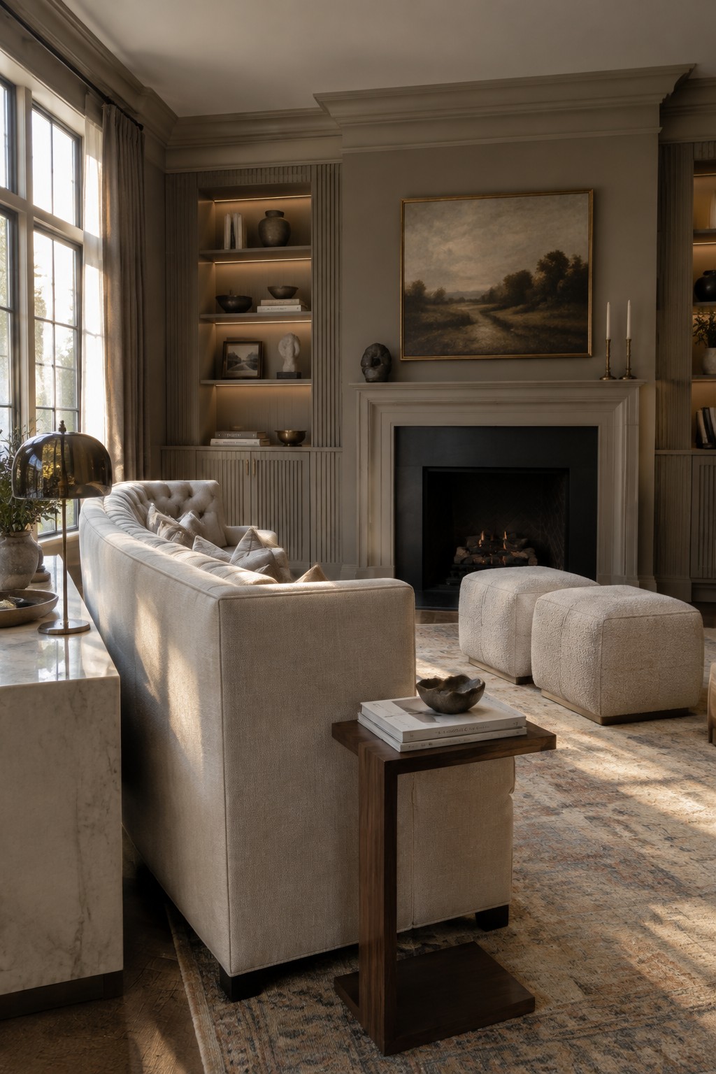 A living room with a large beige tufted sofa, built-in illuminated shelves flanking a fireplace with a landscape painting above it, two bouclé ottomans, and a patterned rug.