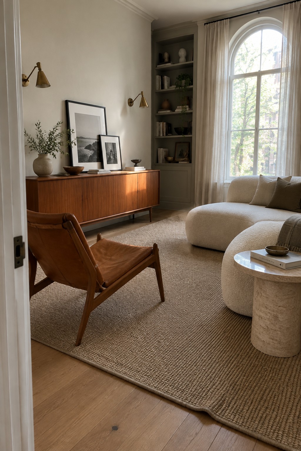 A neutral living room with a large woven jute rug, brown leather sling chair, wooden sideboard, white bouclé sofa, and round stone coffee table near an arched window.