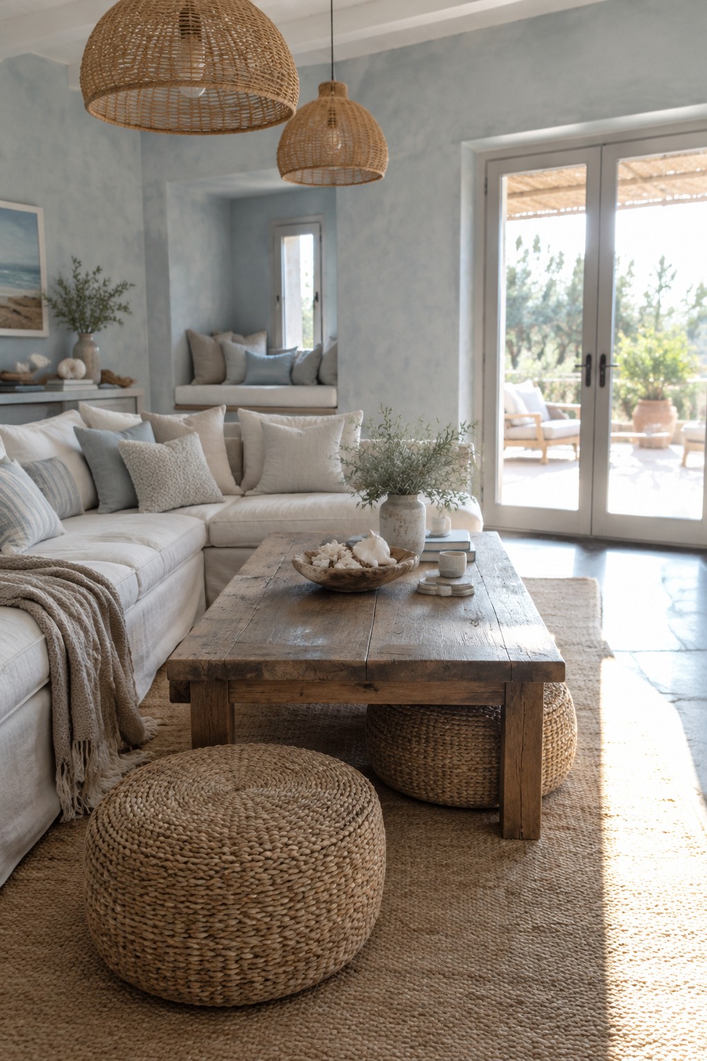 A bright living room with a white sectional sofa, wooden coffee table on a large jute rug, woven floor poufs, and two rattan pendant lights.