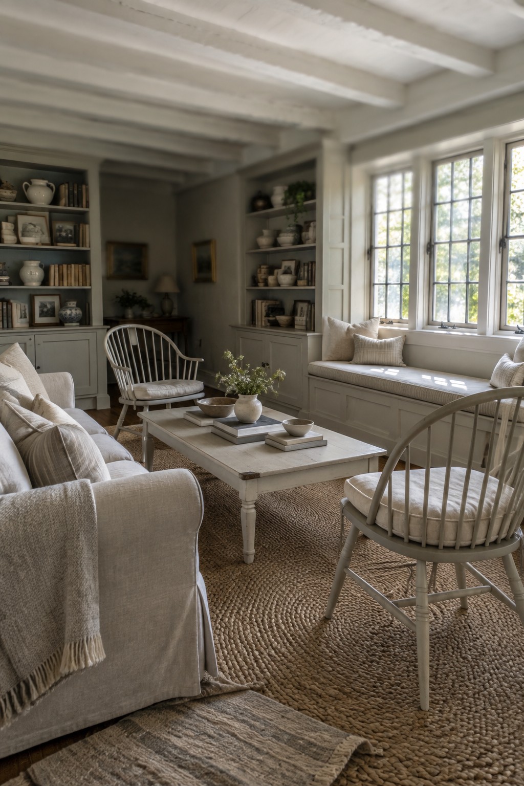 A bright living room with a slipcovered sofa, two spindle chairs, a white coffee table on a large jute rug, built-in bookshelves, and a cushioned window seat.