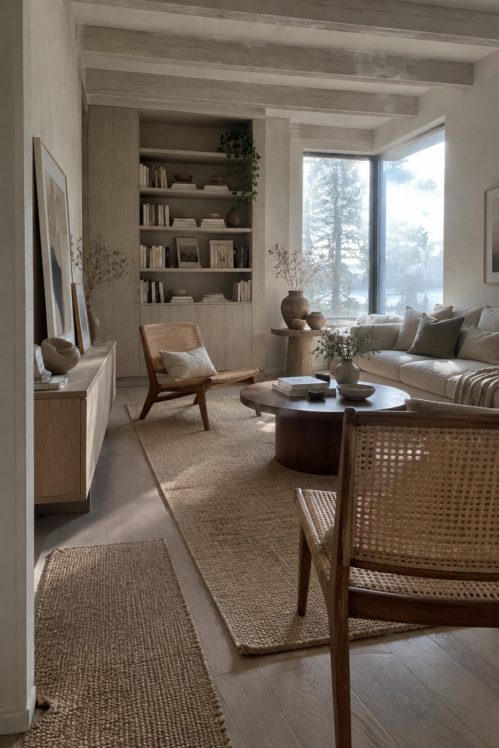 Neutral living room with built-in light wood shelving, beige sofa, round wood coffee table, two woven cane chairs, and layered jute rugs in front of large windows.