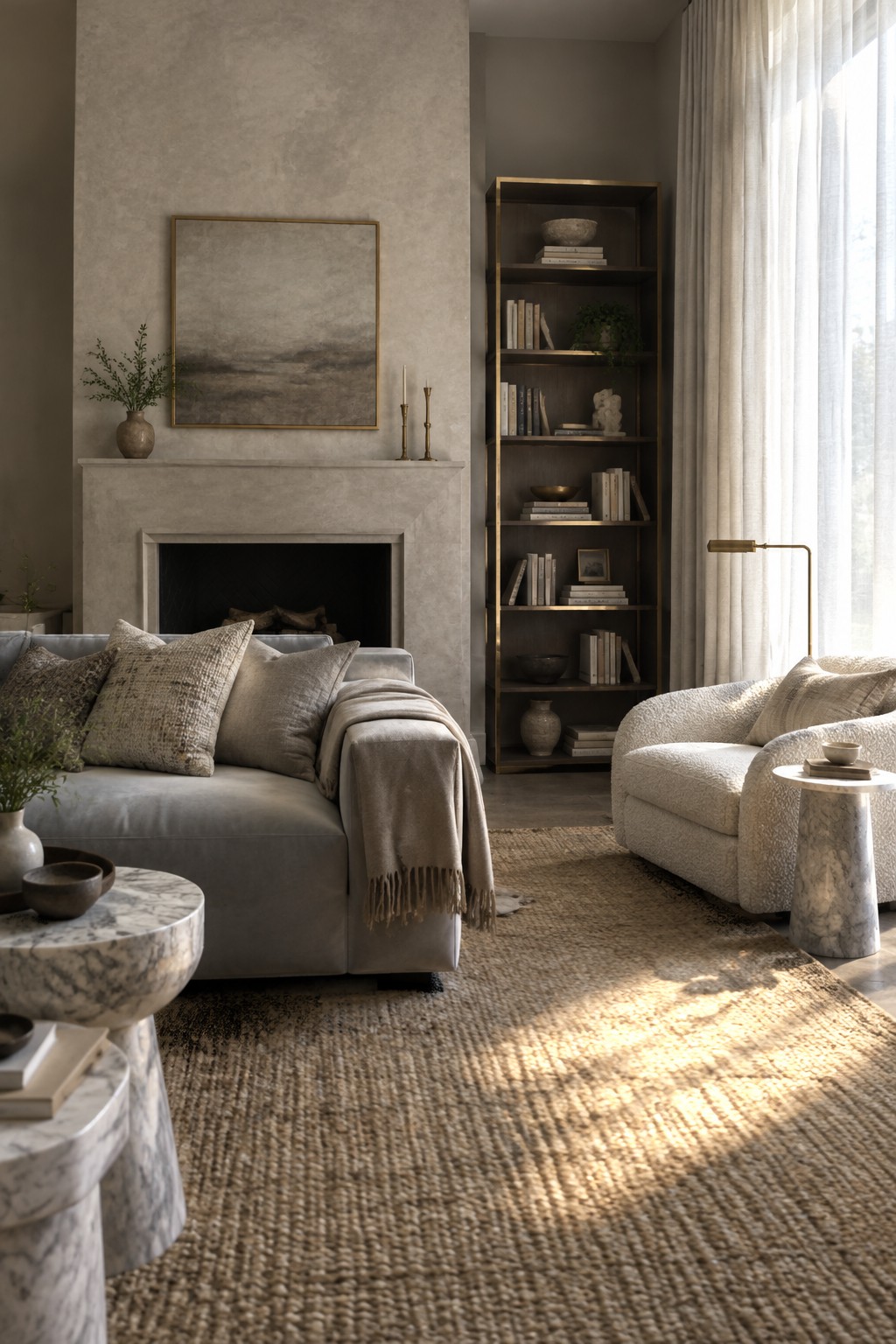 A living room featuring a gray upholstered sofa, a boucle armchair, a large jute rug, marble side tables, built-in wooden bookshelves, and a stone fireplace, all finished in muted neutral tones.