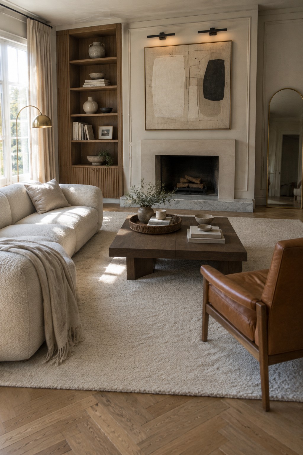 Modern living room with cream sectional sofa, wooden coffee table, leather chair, and fireplace.