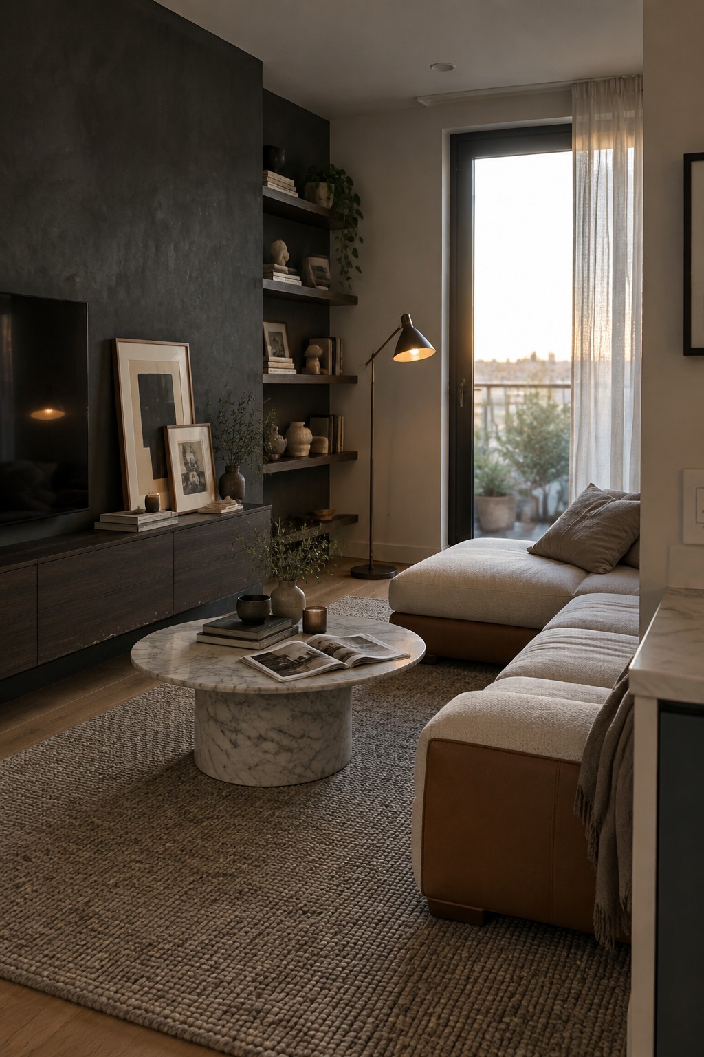 A living room with a large neutral sectional sofa, round marble coffee table on a woven rug, dark built-in shelves with books and decor, and a window with sheer curtains.