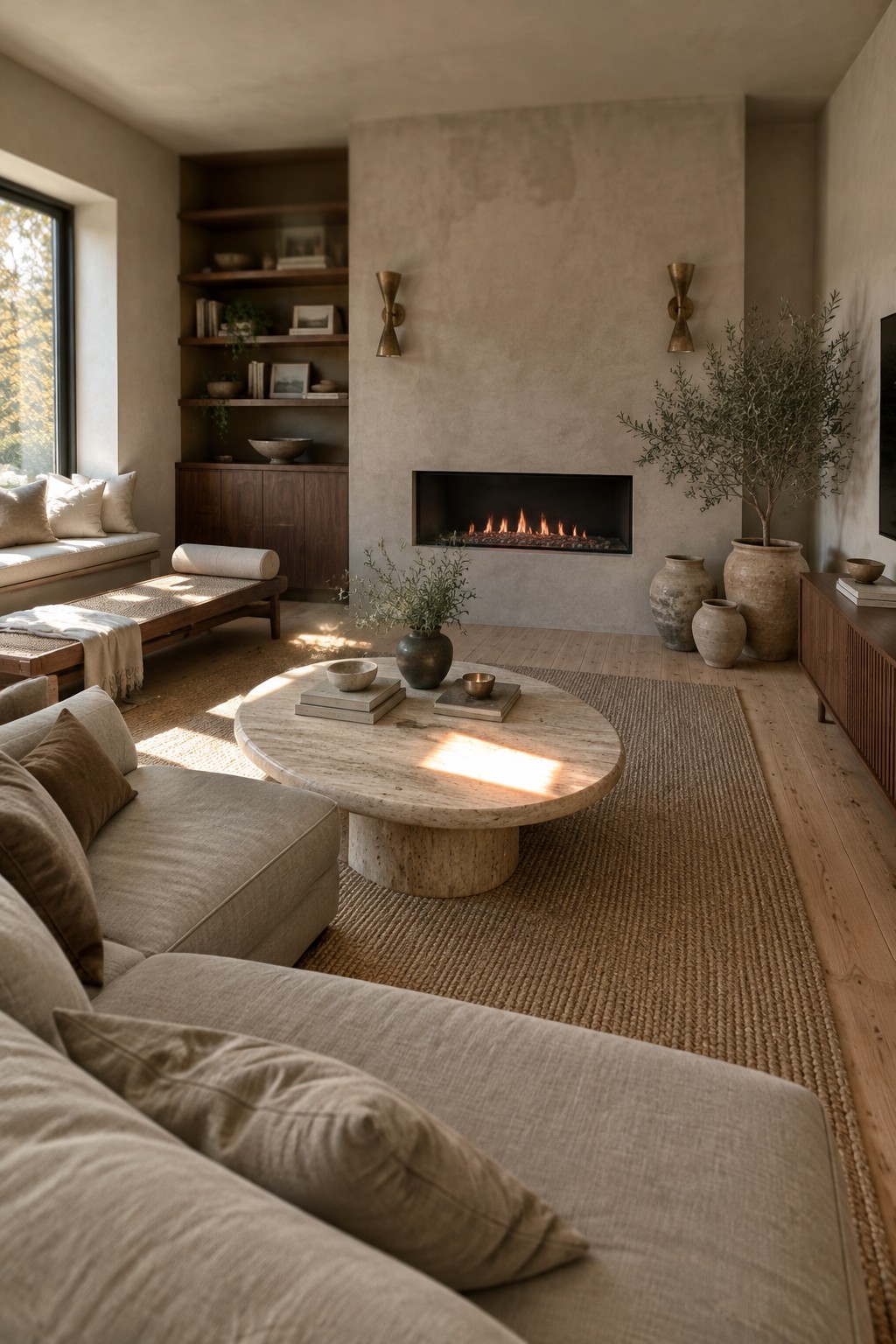 Cozy beige living room with marble coffee table, fireplace, sofa, and built-in shelves.