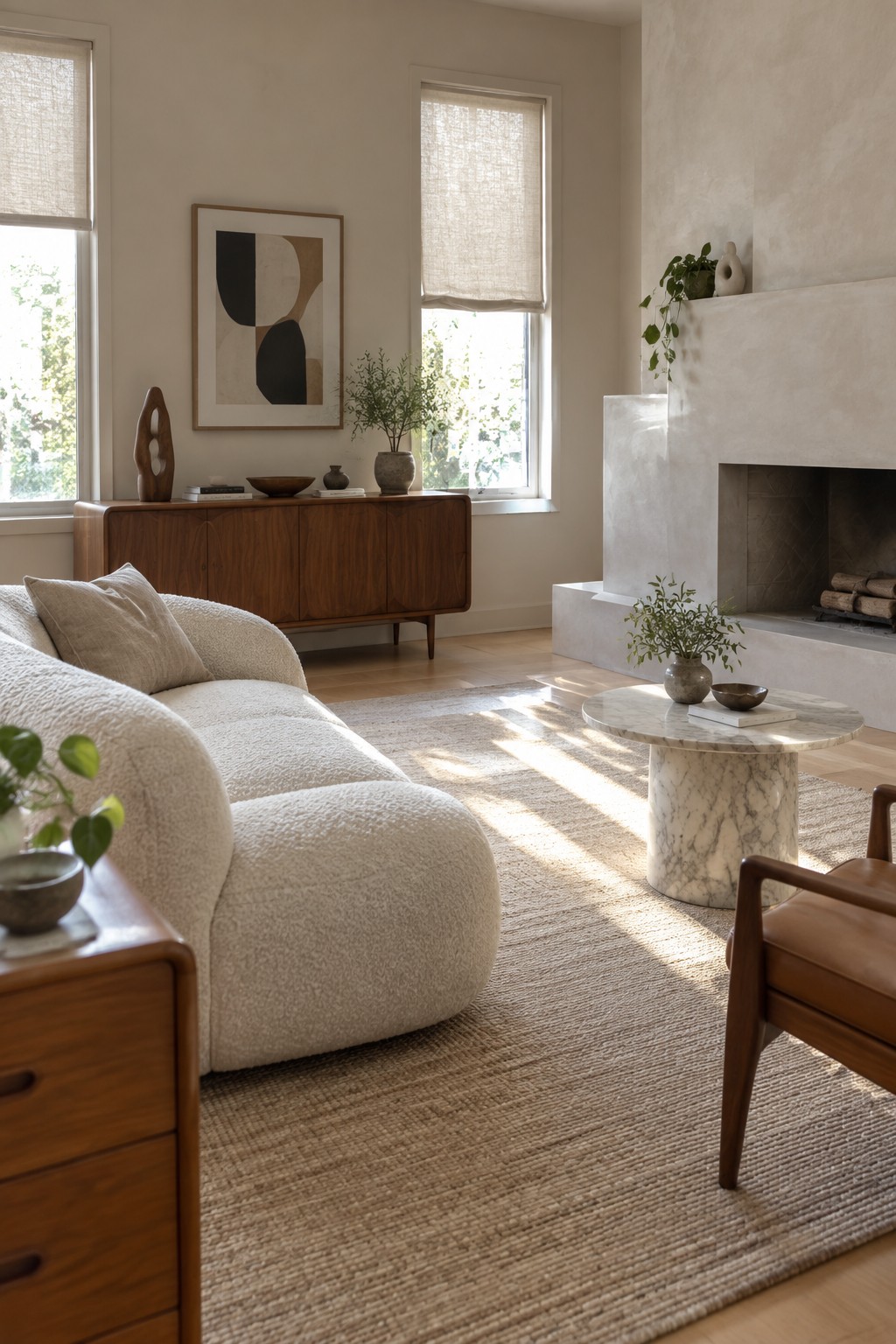 Modern living room with white bouclé sofa, marble table, wooden credenza, and fireplace