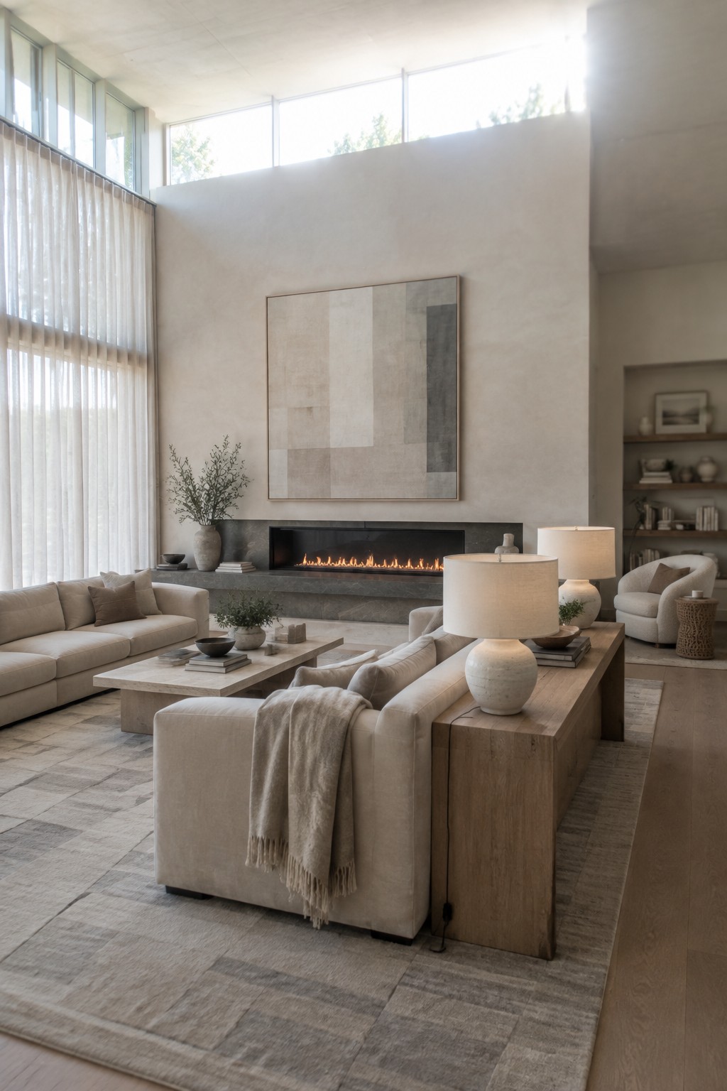 A spacious living room with beige sofas, a wooden coffee table, a linear fireplace, and large abstract art on a neutral wall.