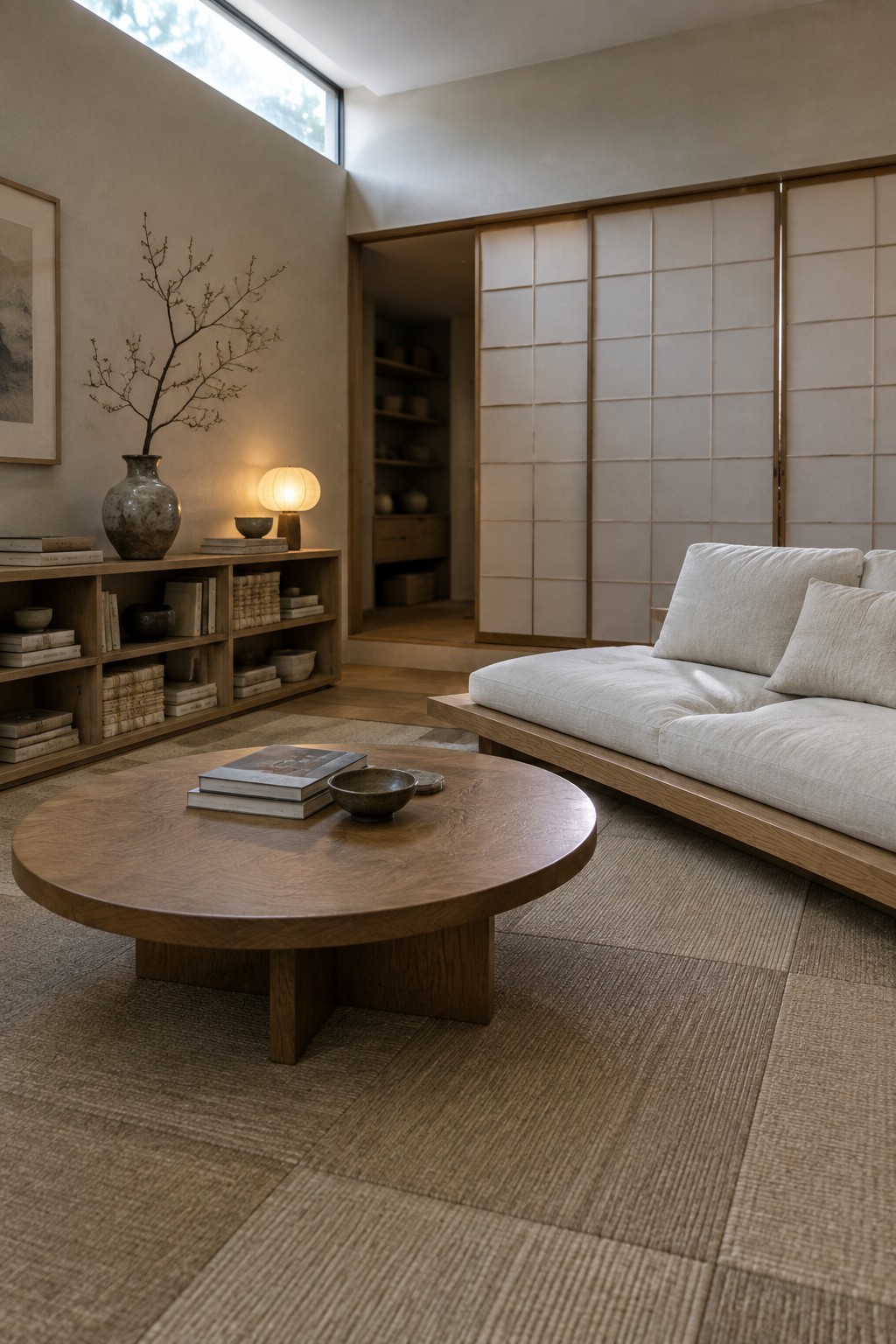 Minimalist Japanese living room with low sofa, round wooden table, shoji screens and tatami mats
