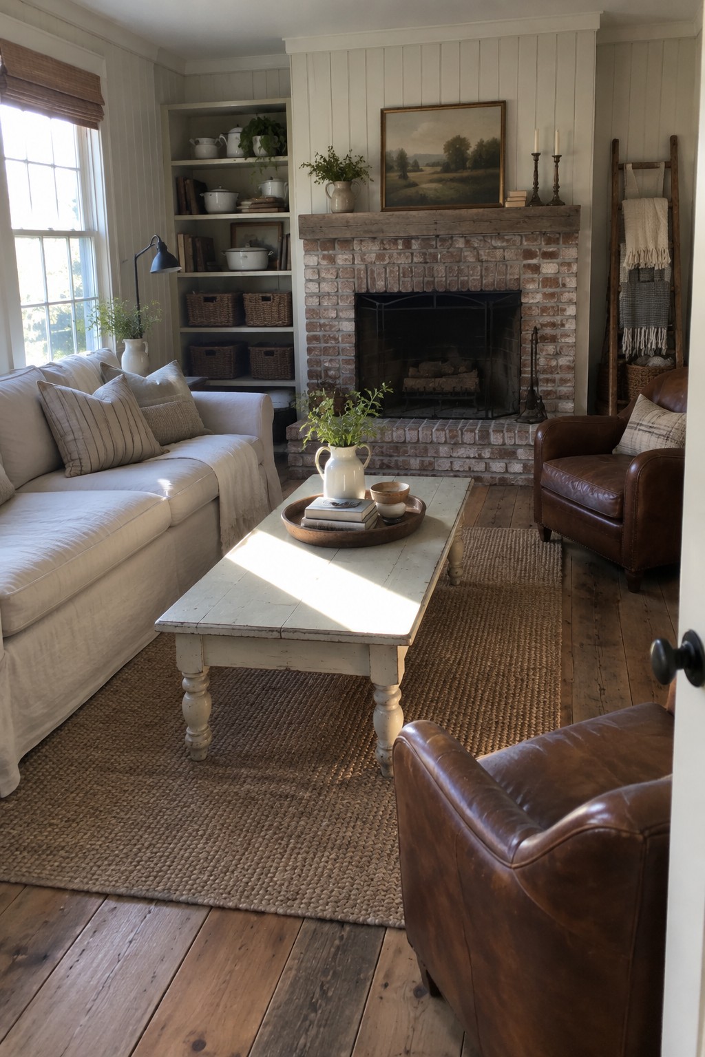 Cozy farmhouse living room with linen sofa, leather chairs, coffee table, and brick fireplace